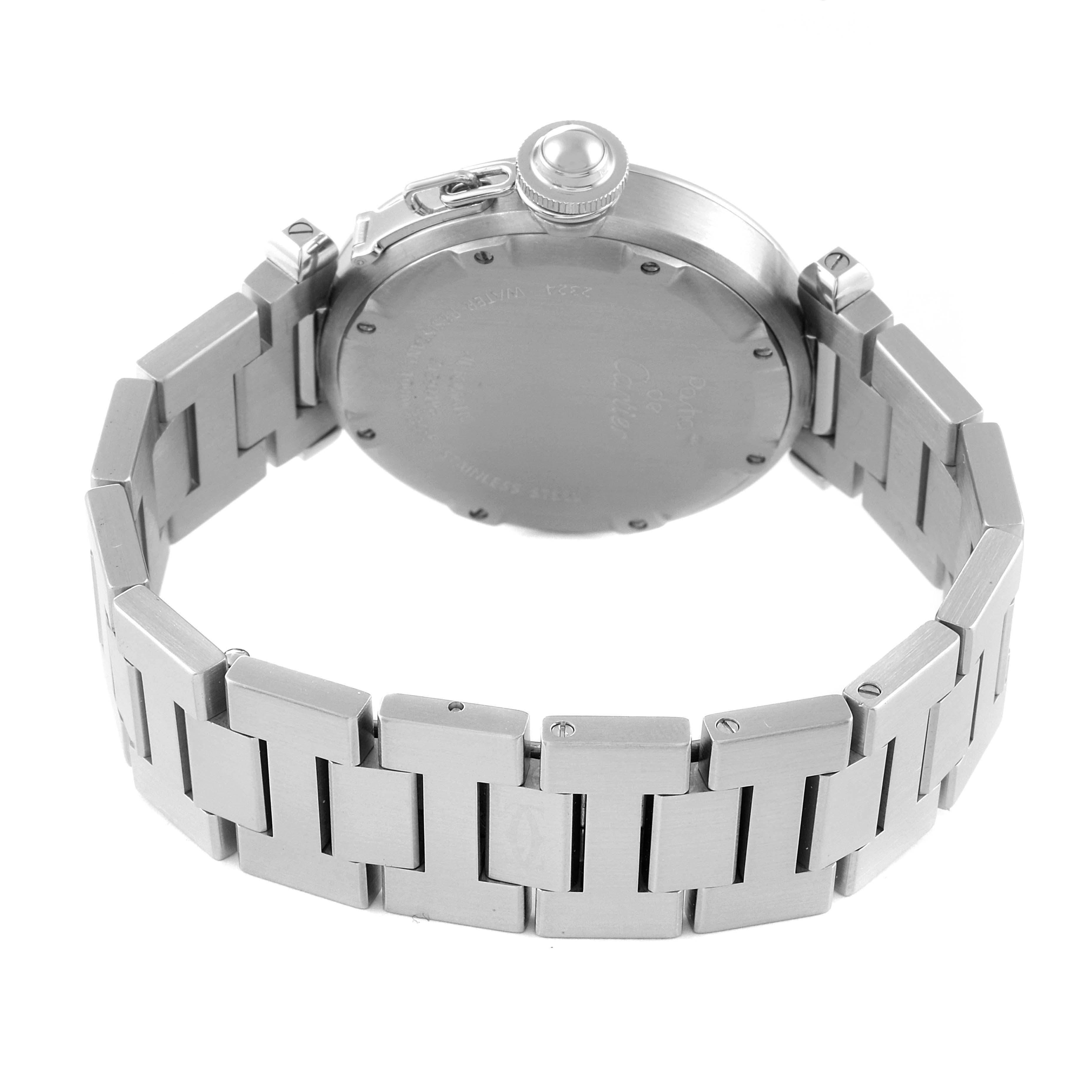 This image shows the back view of the Cartier Pasha W31075M7 Women's Stainless Steel Pink Dial W31075M7 Women's Stainless Steel Pink Dial watch, displaying the case back, crown, and metal bracelet.