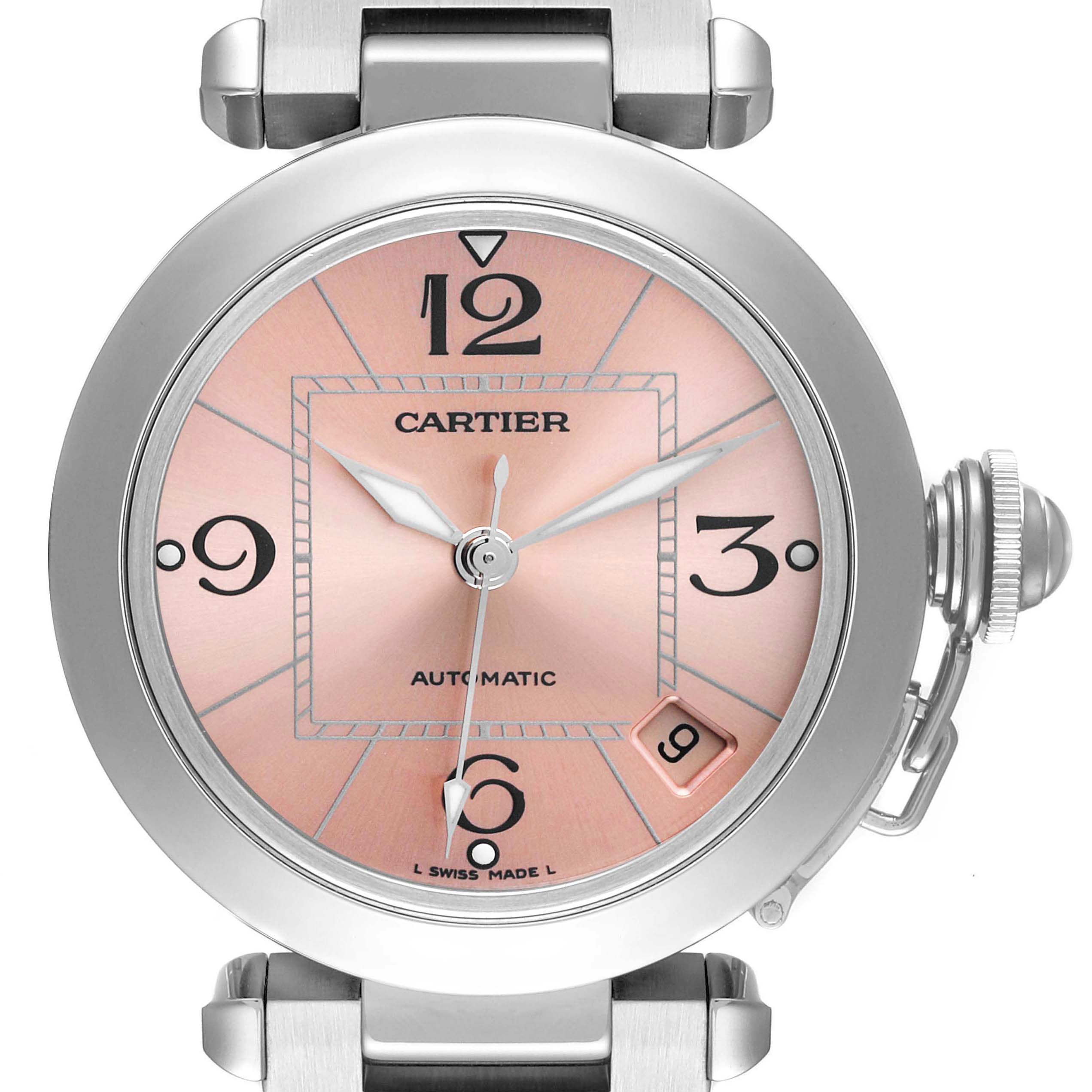 The image shows a frontal view of a Cartier Pasha W31075M7 Women's Stainless Steel Pink Dial W31075M7 Women's Stainless Steel Pink Dial model watch, displaying the dial, case, and crown.