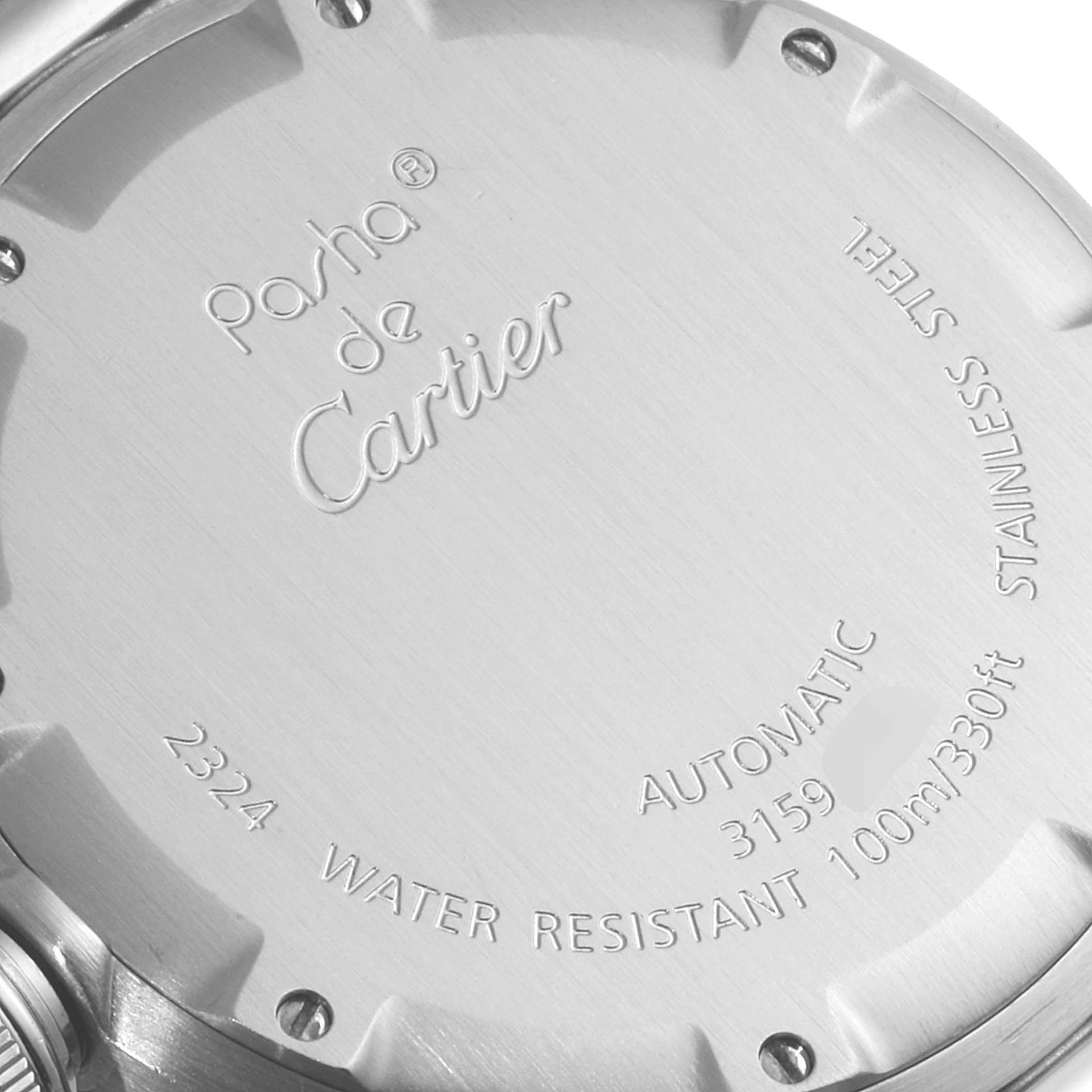 The image shows the back case of a Cartier Pasha W31075M7 Women's Stainless Steel Pink Dial W31075M7 Women's Stainless Steel Pink Dial model watch, highlighting its engravings and water resistance details.
