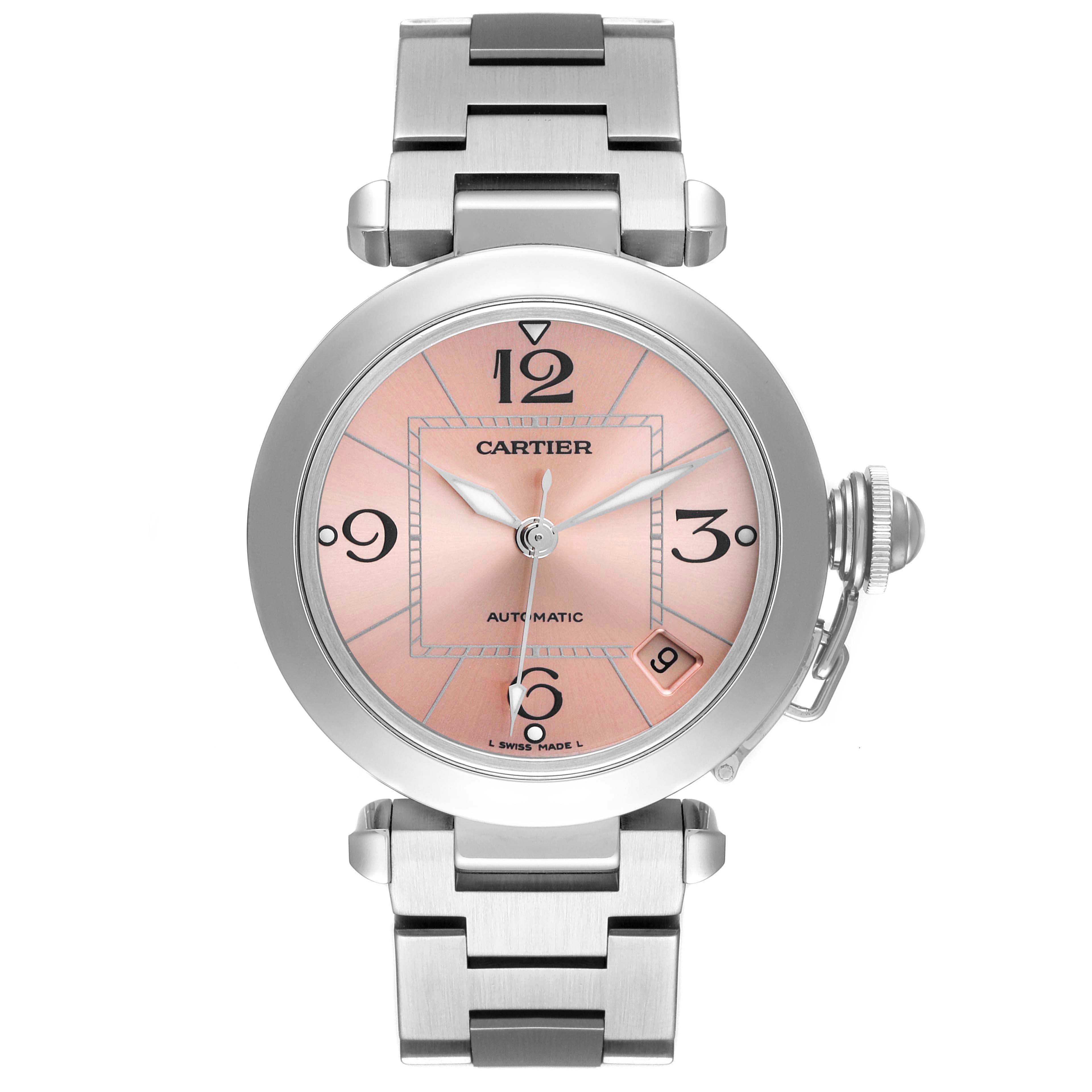 The image shows a front view of a Cartier Pasha W31075M7 Women's Stainless Steel Pink Dial W31075M7 Women's Stainless Steel Pink Dial watch with a pink dial and a metal bracelet.