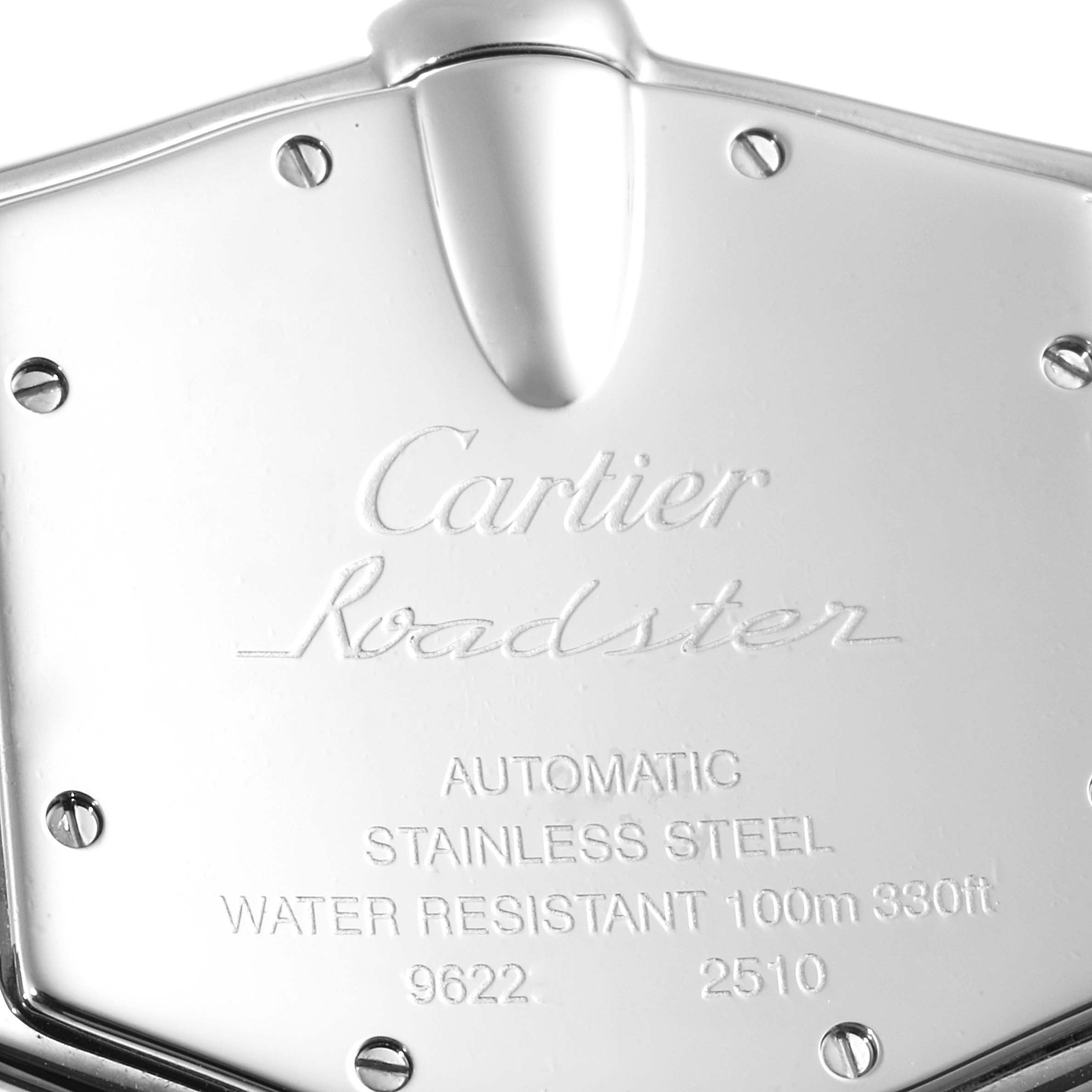 The image shows the back case of the Cartier Roadster W62041V3 Men
s Stainless Steel Black Dial W62041V3 Men
s Stainless Steel Black Dial watch, highlighting the engraved brand, model, and specifications.