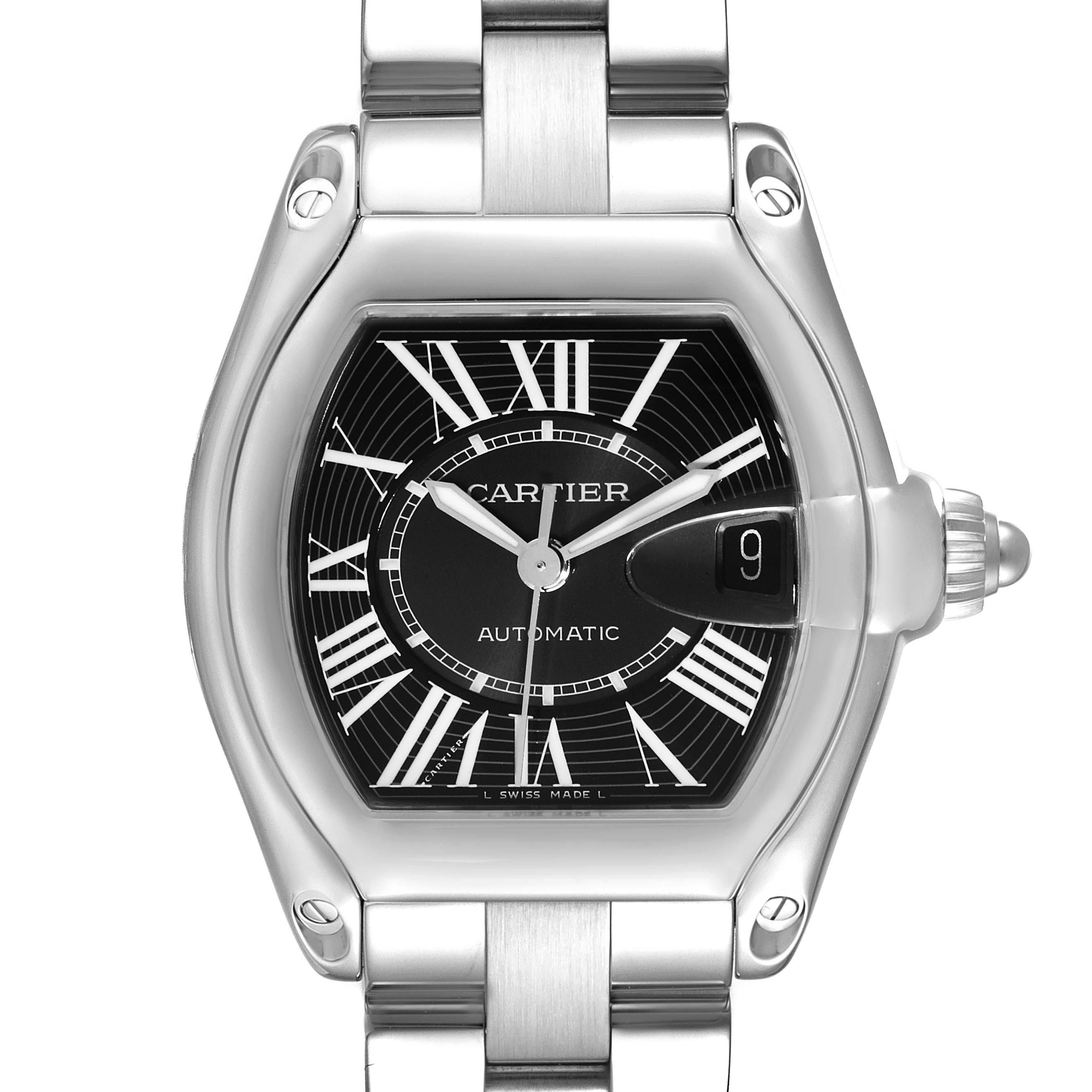 The image shows a front view of a Cartier Roadster W62041V3 Men
s Stainless Steel Black Dial W62041V3 Men
s Stainless Steel Black Dial watch, highlighting the face, dial, and part of the bracelet.