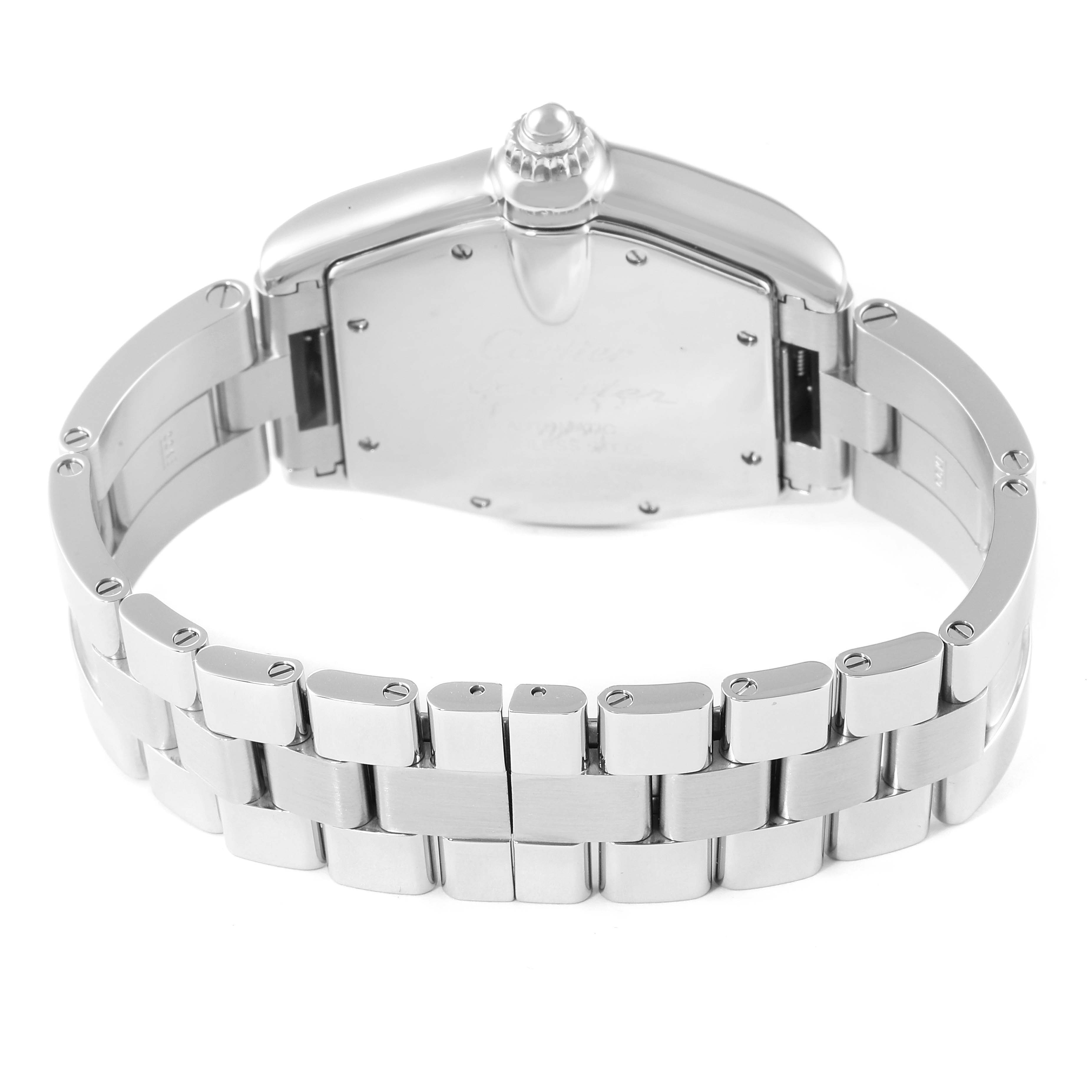 The image shows the back view of the Cartier Roadster W62041V3 Men
s Stainless Steel Black Dial W62041V3 Men
s Stainless Steel Black Dial watch, focusing on its metal bracelet and clasp.