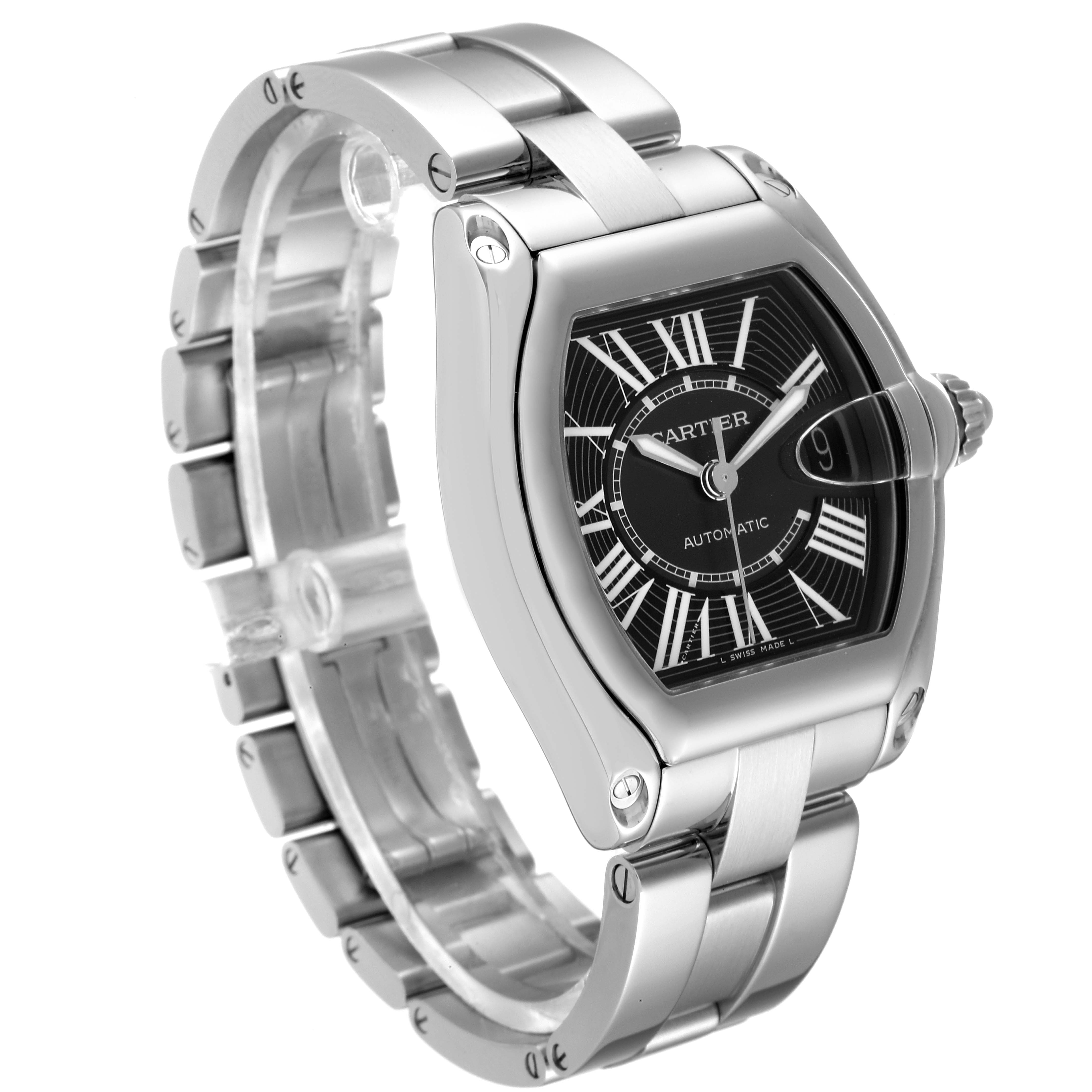This image shows a Cartier Roadster W62041V3 Men
s Stainless Steel Black Dial W62041V3 Men
s Stainless Steel Black Dial watch angled to display the face, bezel, and part of the bracelet.