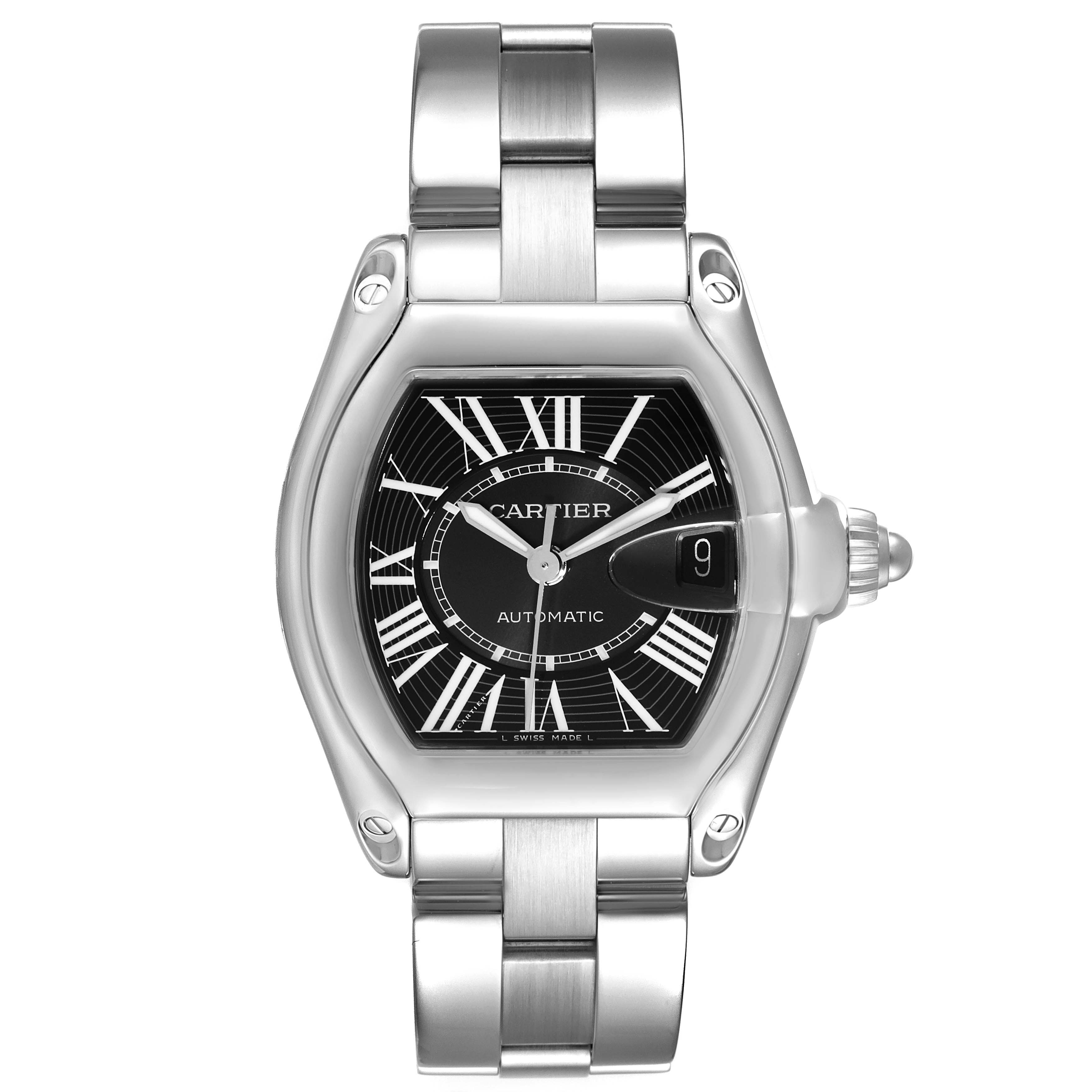 The image shows a front view of the Cartier Roadster W62041V3 Men
s Stainless Steel Black Dial W62041V3 Men
s Stainless Steel Black Dial watch, highlighting its face, case, and bracelet.