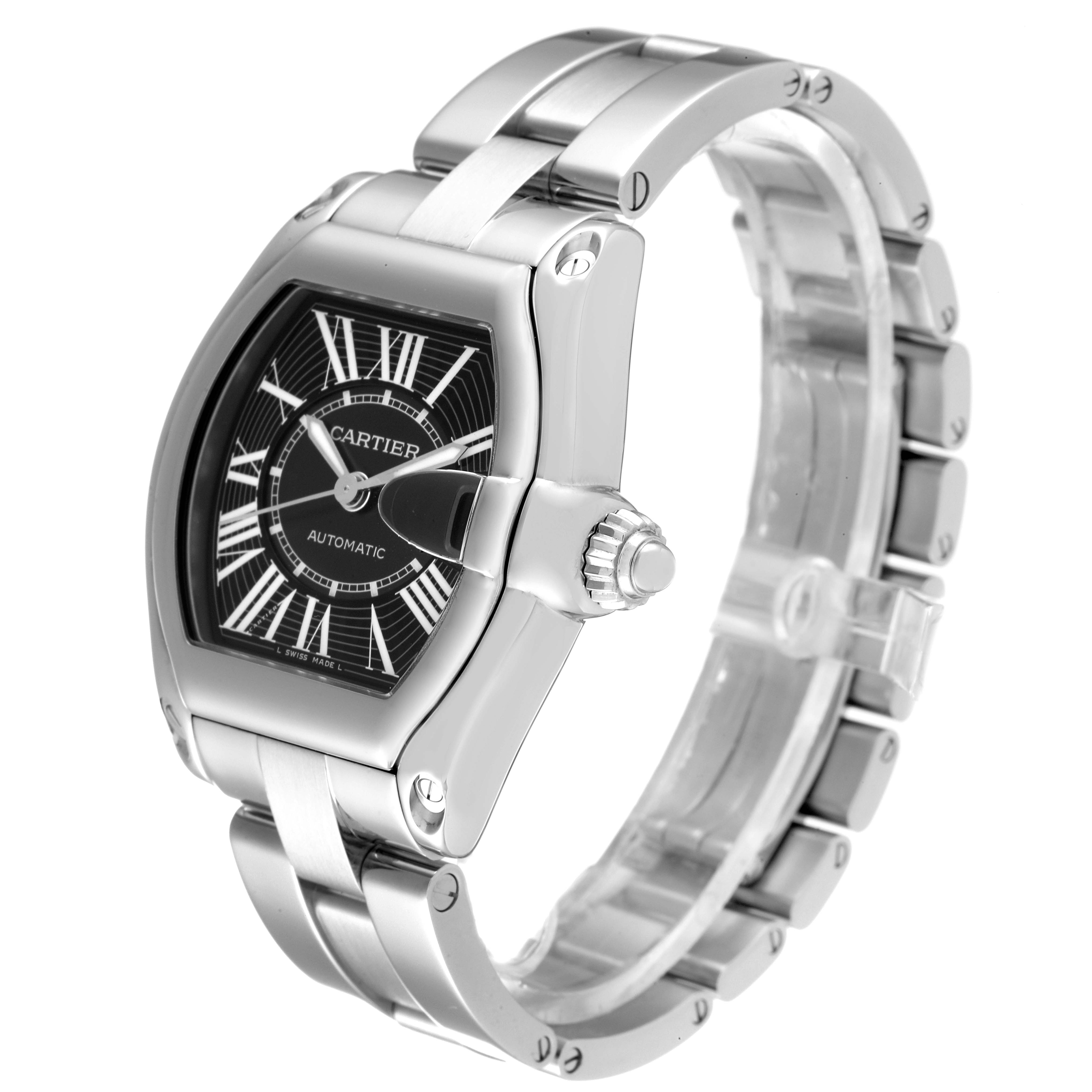 This image shows a Cartier Roadster W62041V3 Men
s Stainless Steel Black Dial W62041V3 Men
s Stainless Steel Black Dial watch from a front angle, displaying the face, crown, and bracelet.