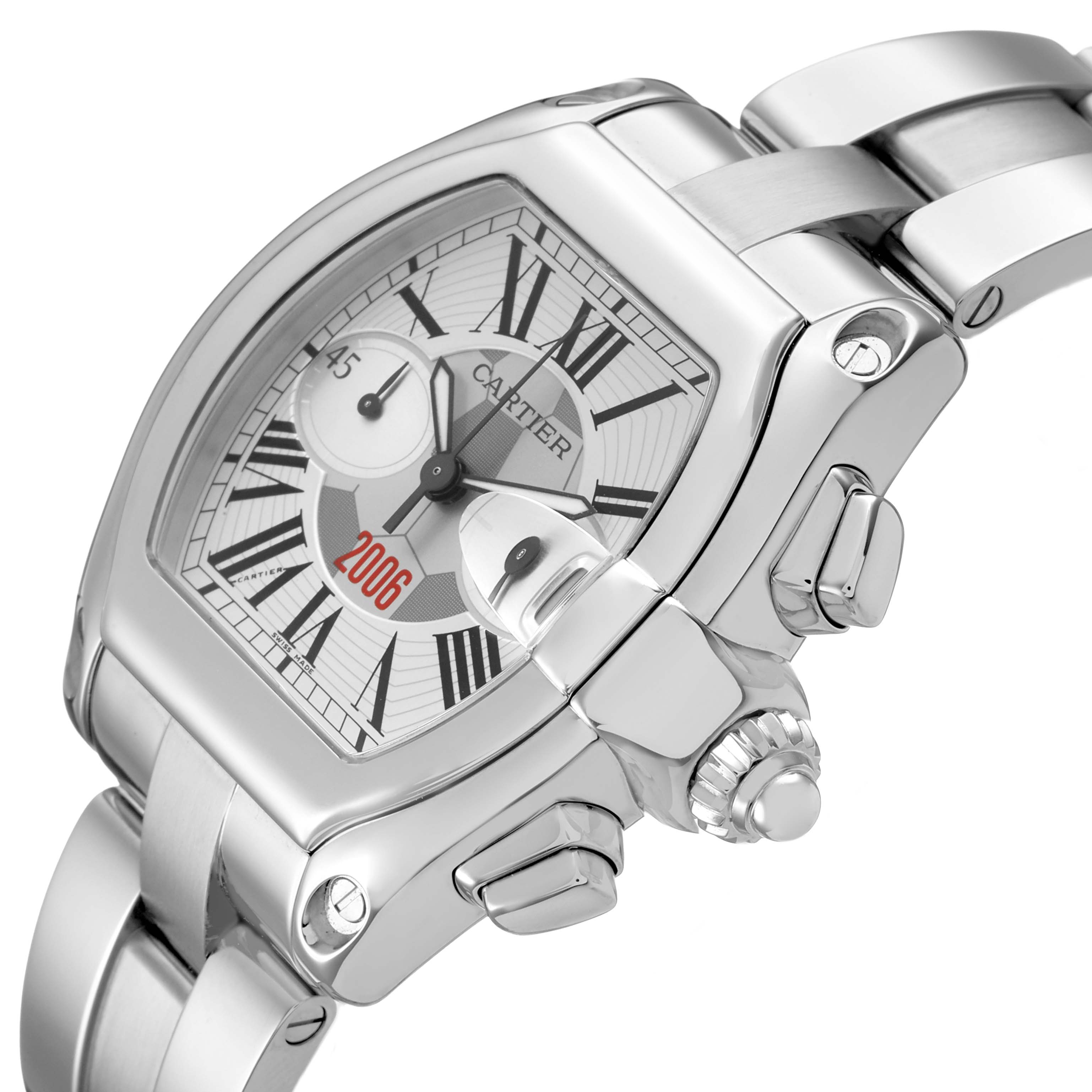 The Cartier Roadster W62044X6 Men's Stainless Steel Silver Dial watch is shown at an angle highlighting the face, crown, and part of the bracelet.