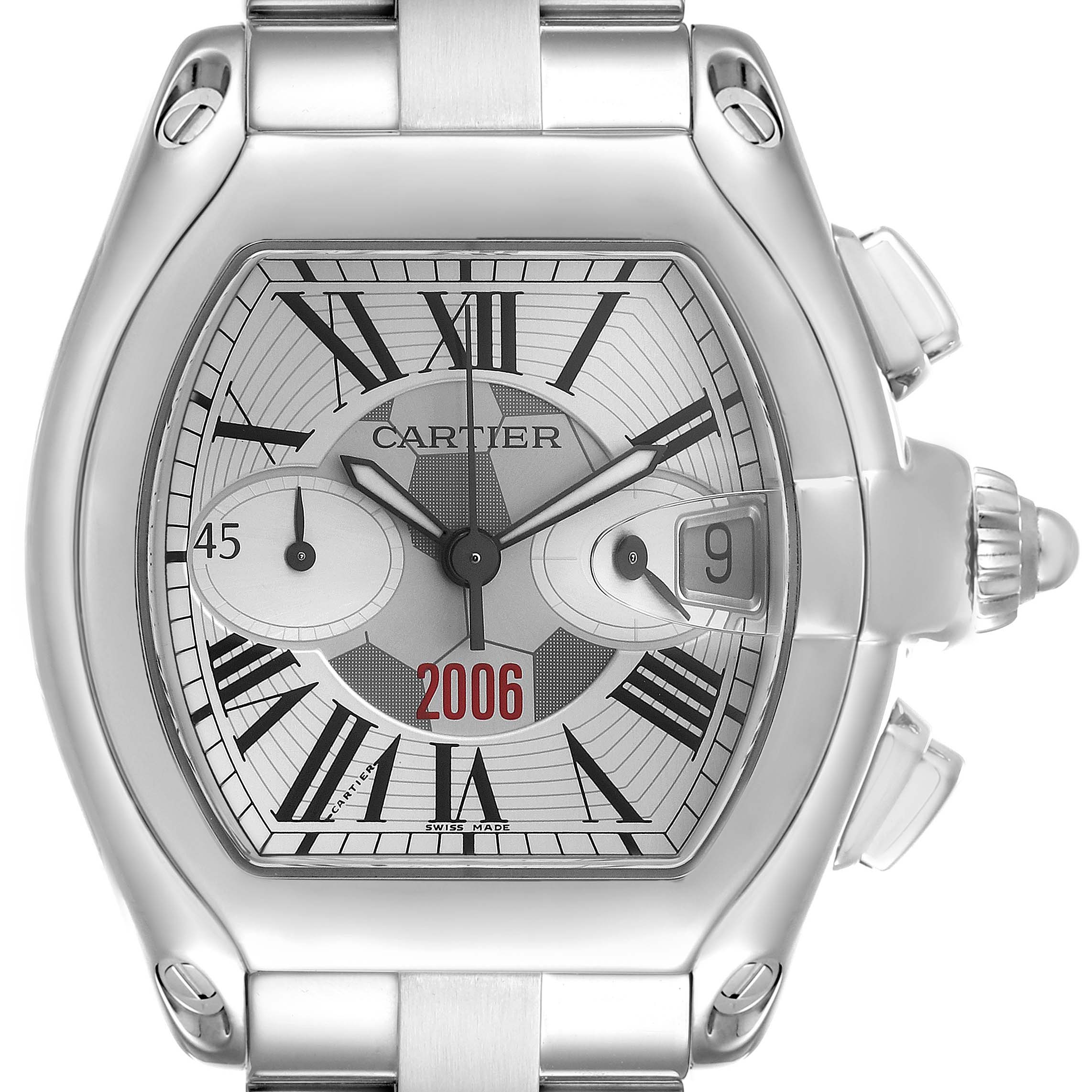 The Cartier Roadster W62044X6 Men's Stainless Steel Silver Dial watch is shown from a front angle, highlighting the dial, hands, crown, and part of the bracelet.
