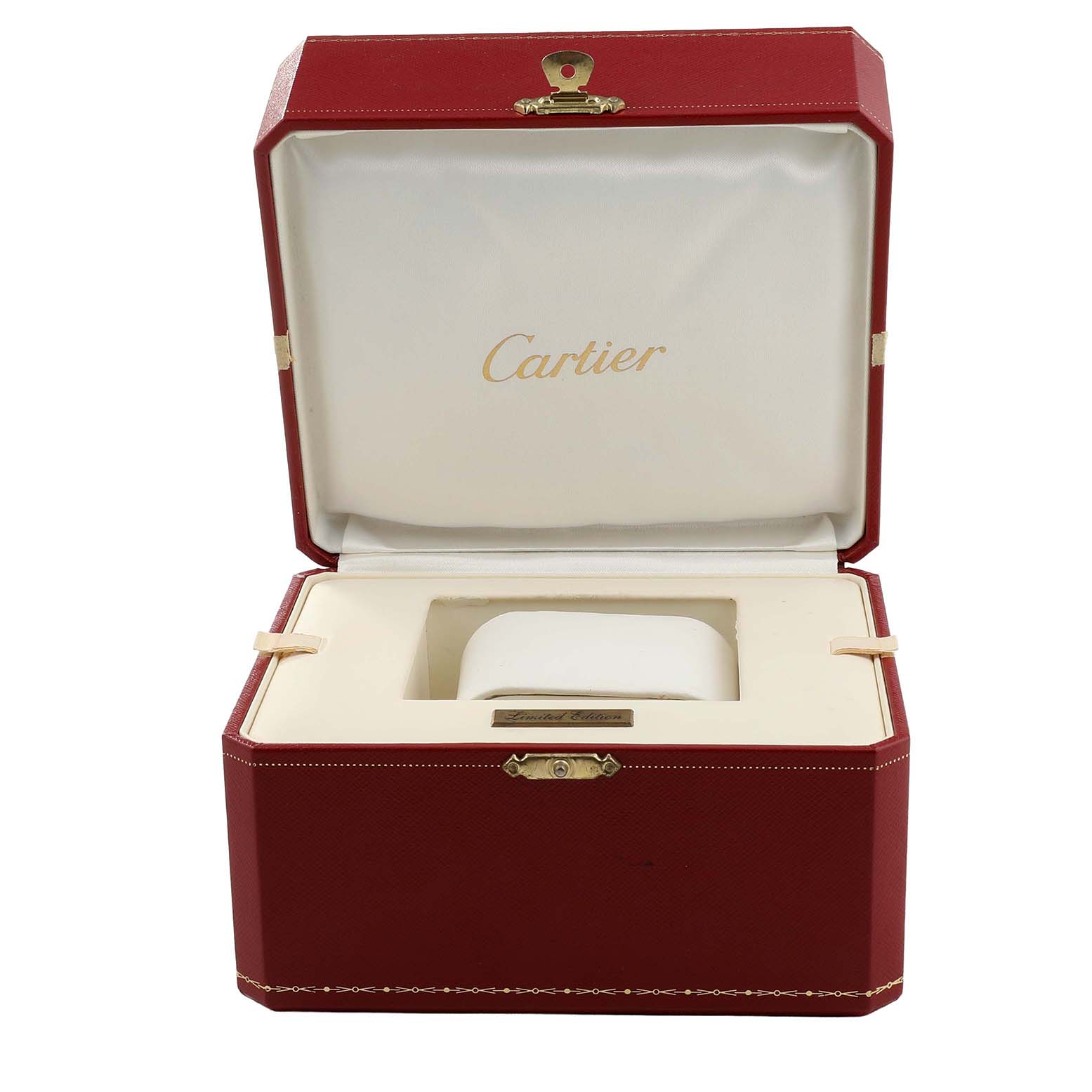 The image shows an open Cartier watch box for the Roadster model, displaying its interior with the brand logo.
