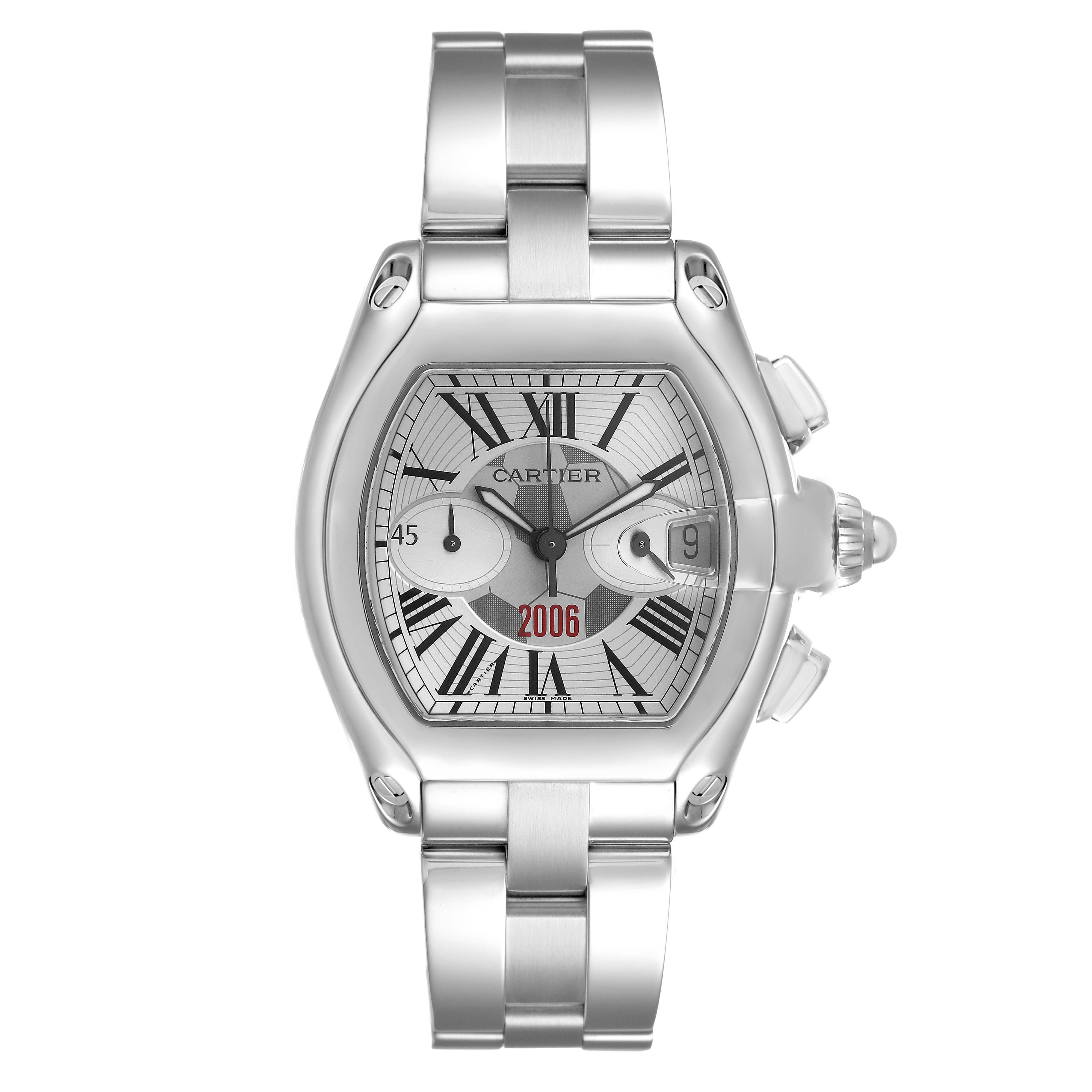 The Cartier Roadster W62044X6 Men's Stainless Steel Silver Dial watch is shown from a front angle, featuring the case, dial, bracelet, and crown.