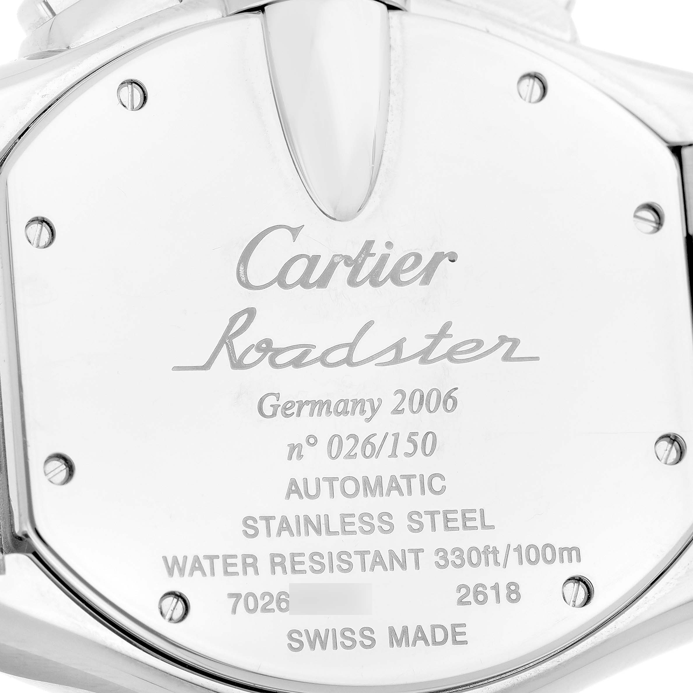 The image shows the back case of a Cartier Roadster W62044X6 Men's Stainless Steel Silver Dial watch, highlighting details like material, water resistance, and serial number.