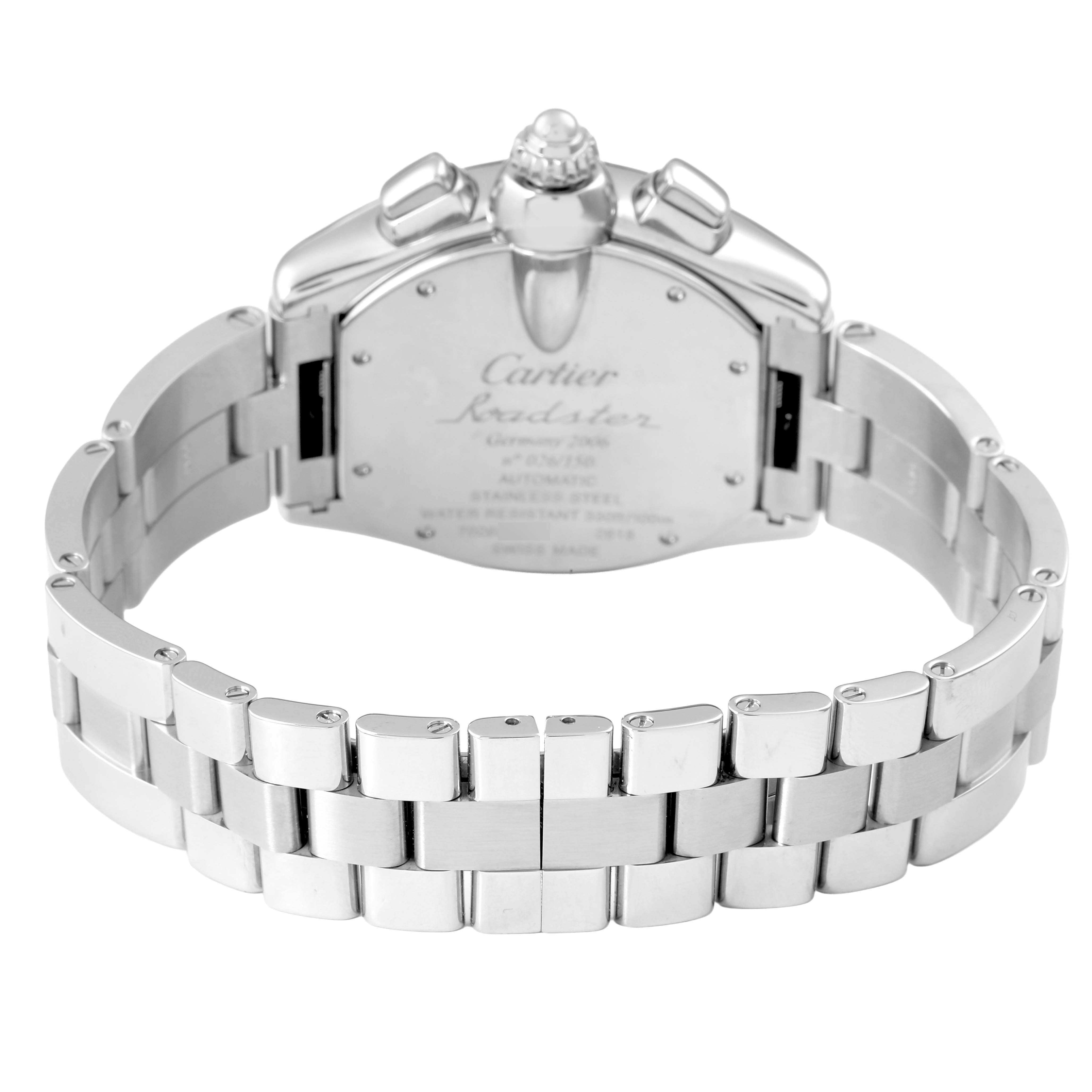 The image shows the back and bracelet of a Cartier Roadster W62044X6 Men's Stainless Steel Silver Dial watch, viewed from a rear angle.