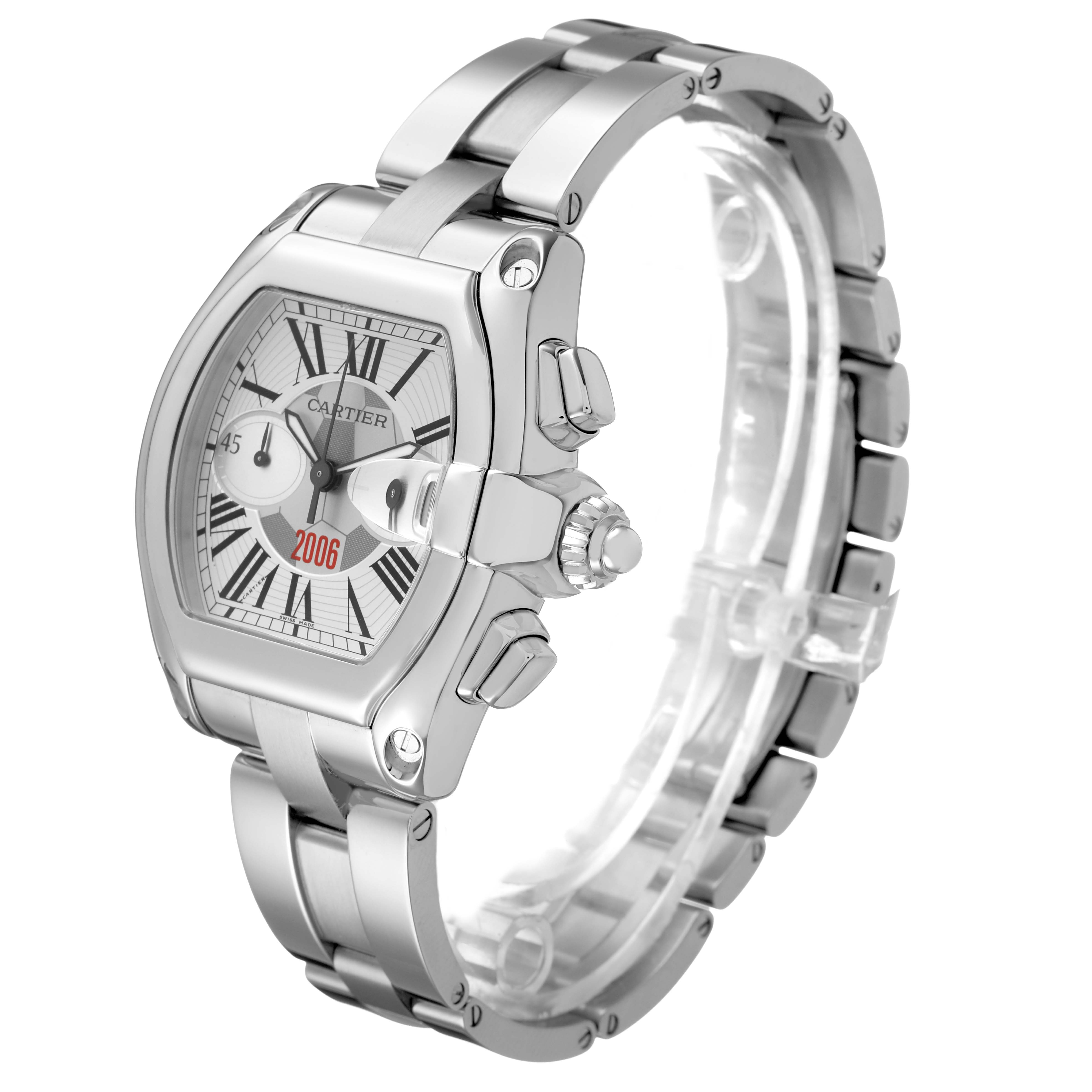 The Cartier Roadster W62044X6 Men's Stainless Steel Silver Dial watch is shown at an oblique angle displaying the face, bezel, crown, and metal bracelet.