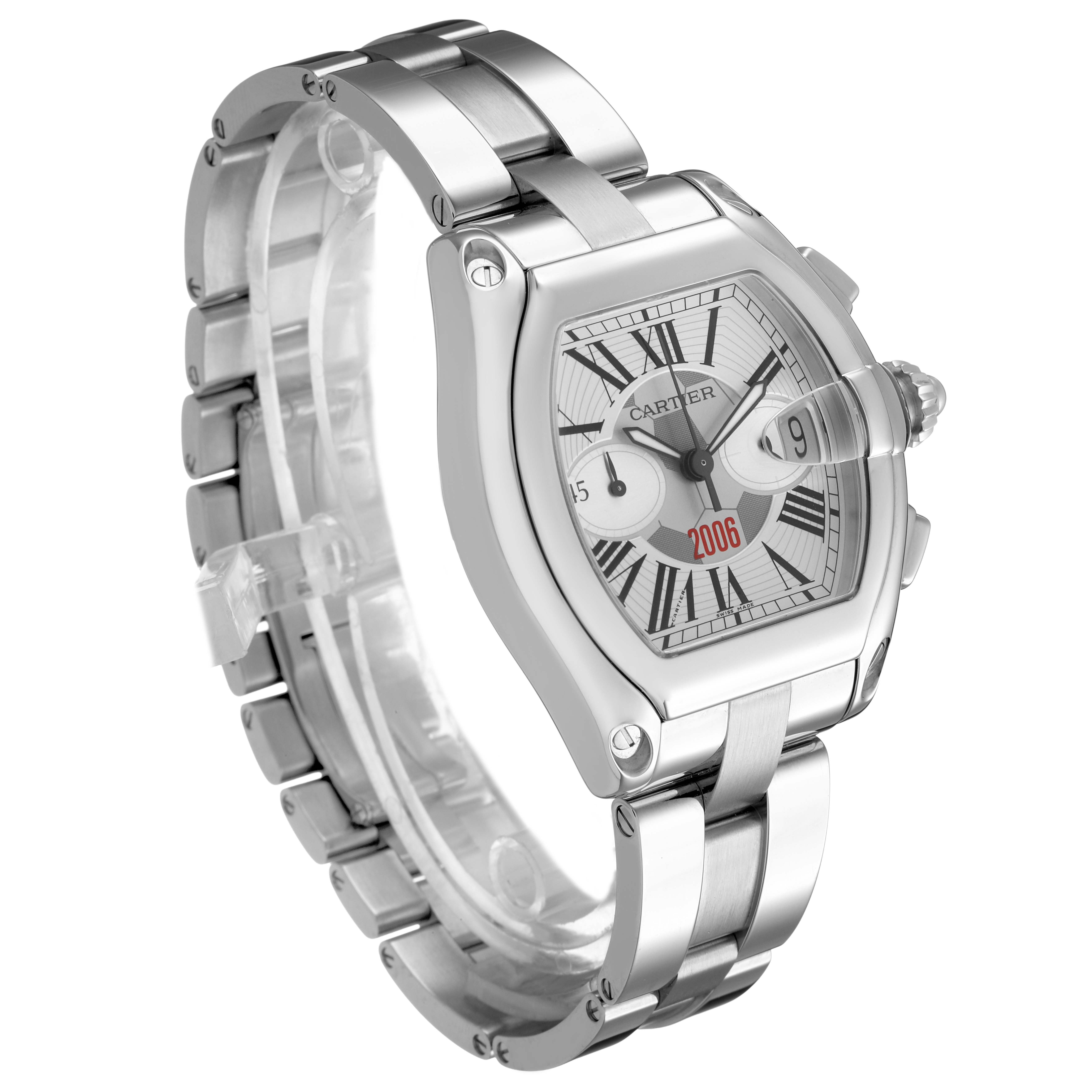 The Cartier Roadster W62044X6 Men's Stainless Steel Silver Dial watch is shown at an angle highlighting the face, bracelet, and unique date magnifier.