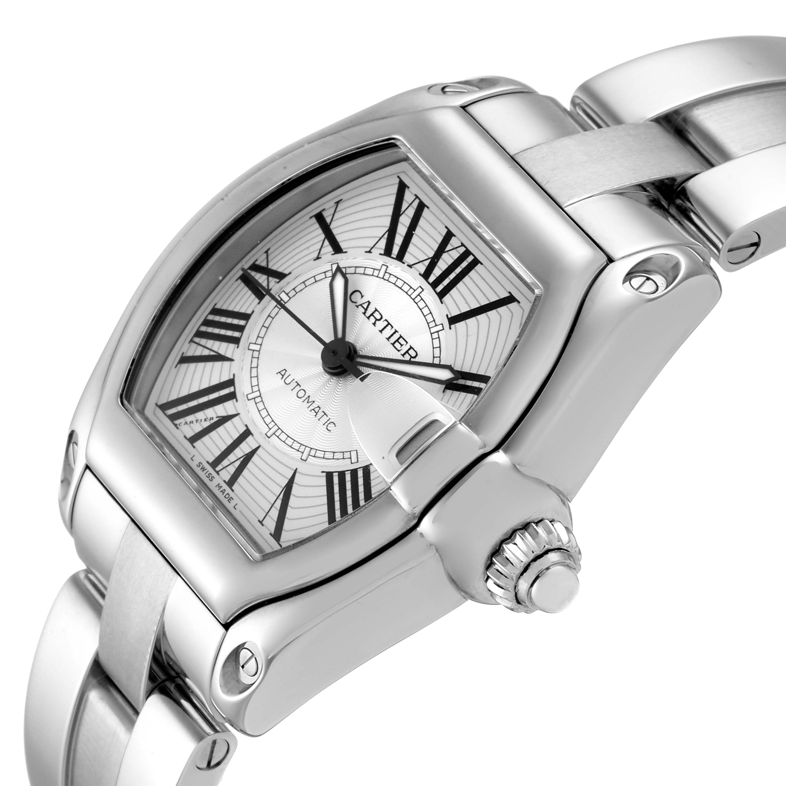 The image shows a close-up side angle of a Cartier Roadster W62025V3 Men
s Stainless Steel Silver Dial W62025V3 Men
s Stainless Steel Silver Dial watch, highlighting the watch face, crown, and bracelet.