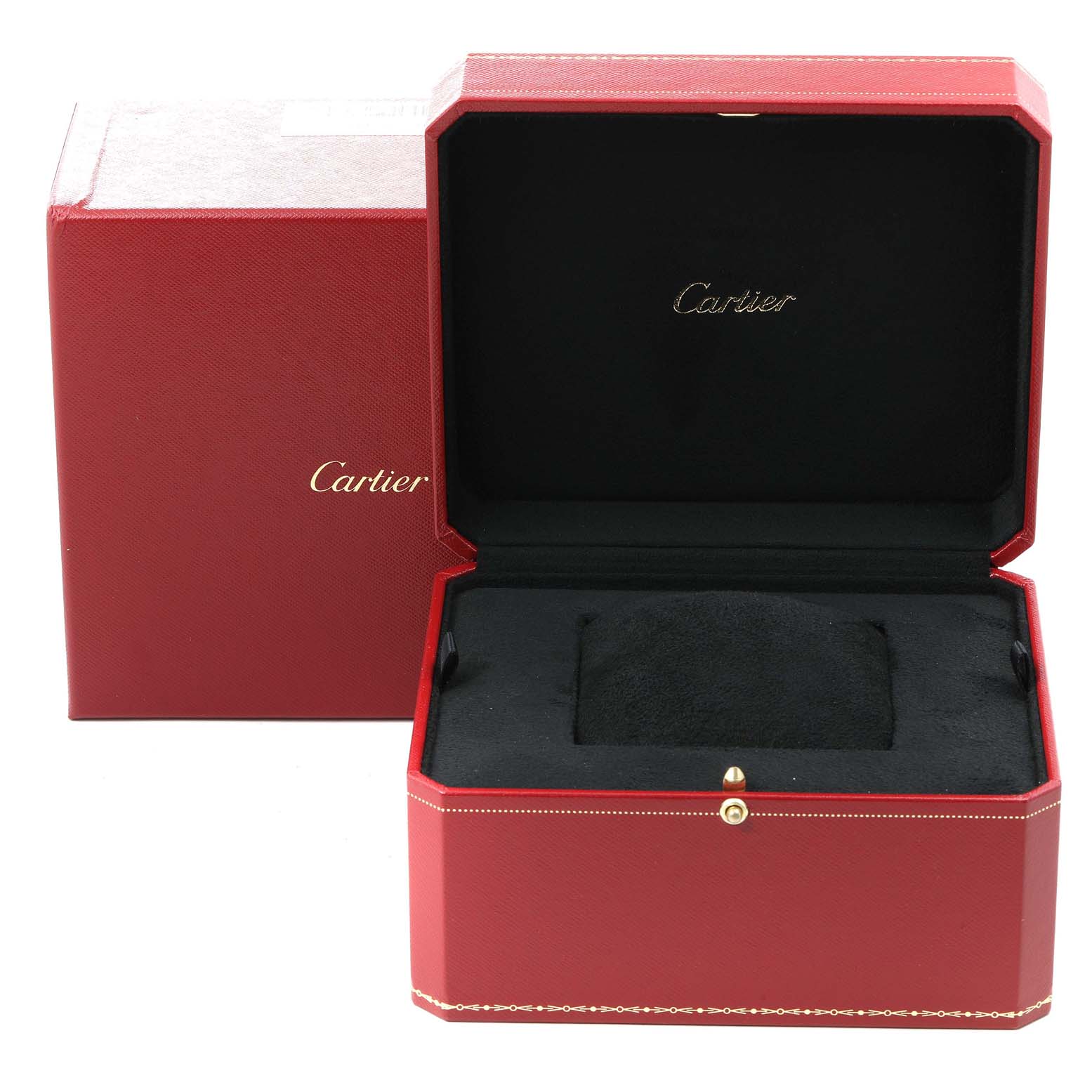This image shows an open Cartier Roadster W62025V3 Men
s Stainless Steel Silver Dial W62025V3 Men
s Stainless Steel Silver Dial watch box with red exterior and black interior.