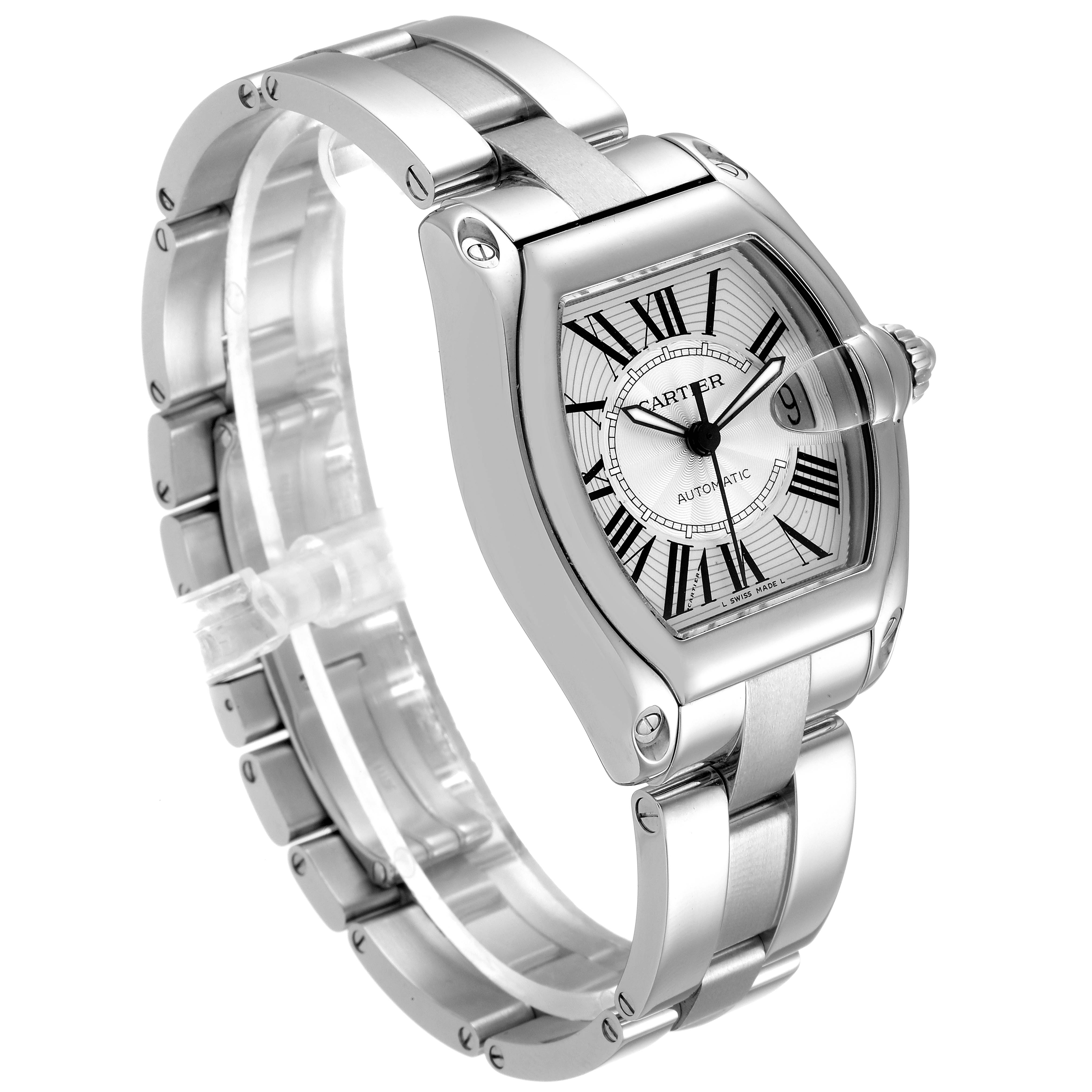 The Cartier Roadster W62025V3 Men
s Stainless Steel Silver Dial W62025V3 Men
s Stainless Steel Silver Dial watch is shown at a three-quarter angle highlighting its face, case, and metal strap.