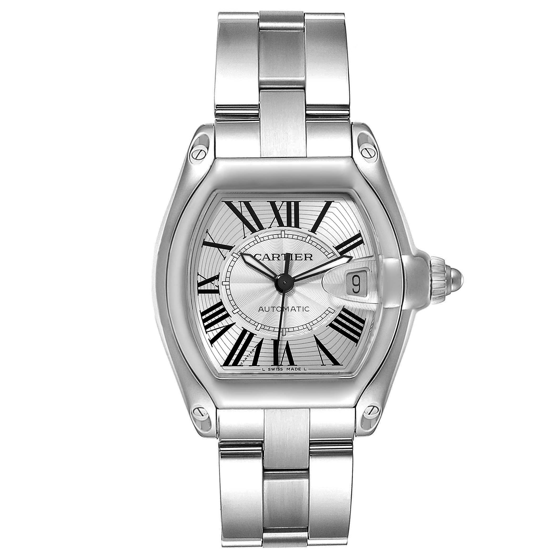 The Cartier Roadster W62025V3 Men
s Stainless Steel Silver Dial W62025V3 Men
s Stainless Steel Silver Dial watch is shown from a front angle displaying the dial, bezel, and bracelet.