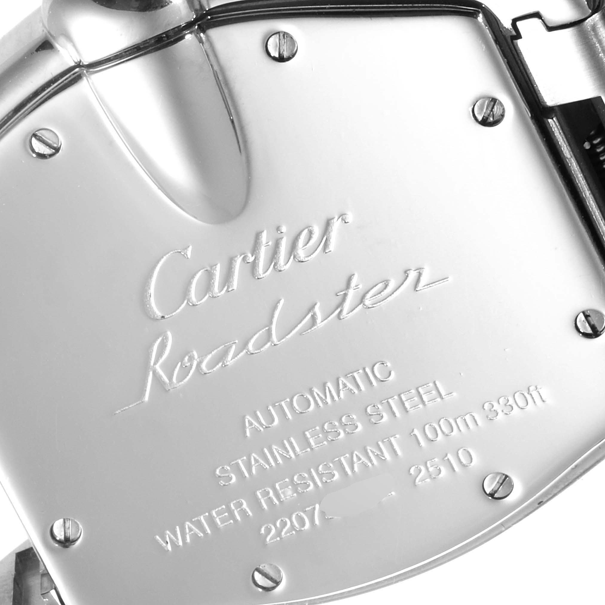 This image shows the back case of a Cartier Roadster W62025V3 Men
s Stainless Steel Silver Dial W62025V3 Men
s Stainless Steel Silver Dial watch, highlighting engravings and screws.