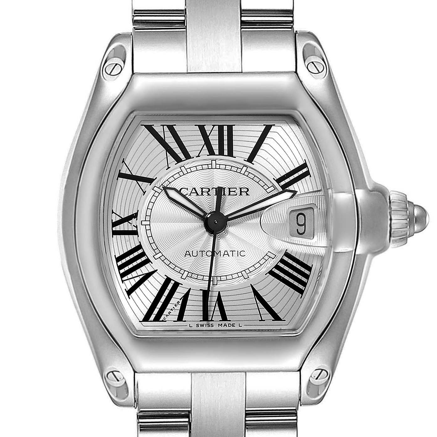 The image shows a close-up front view of the Cartier Roadster W62025V3 Men
s Stainless Steel Silver Dial W62025V3 Men
s Stainless Steel Silver Dial watch, highlighting the dial, bezel, and part of the bracelet.