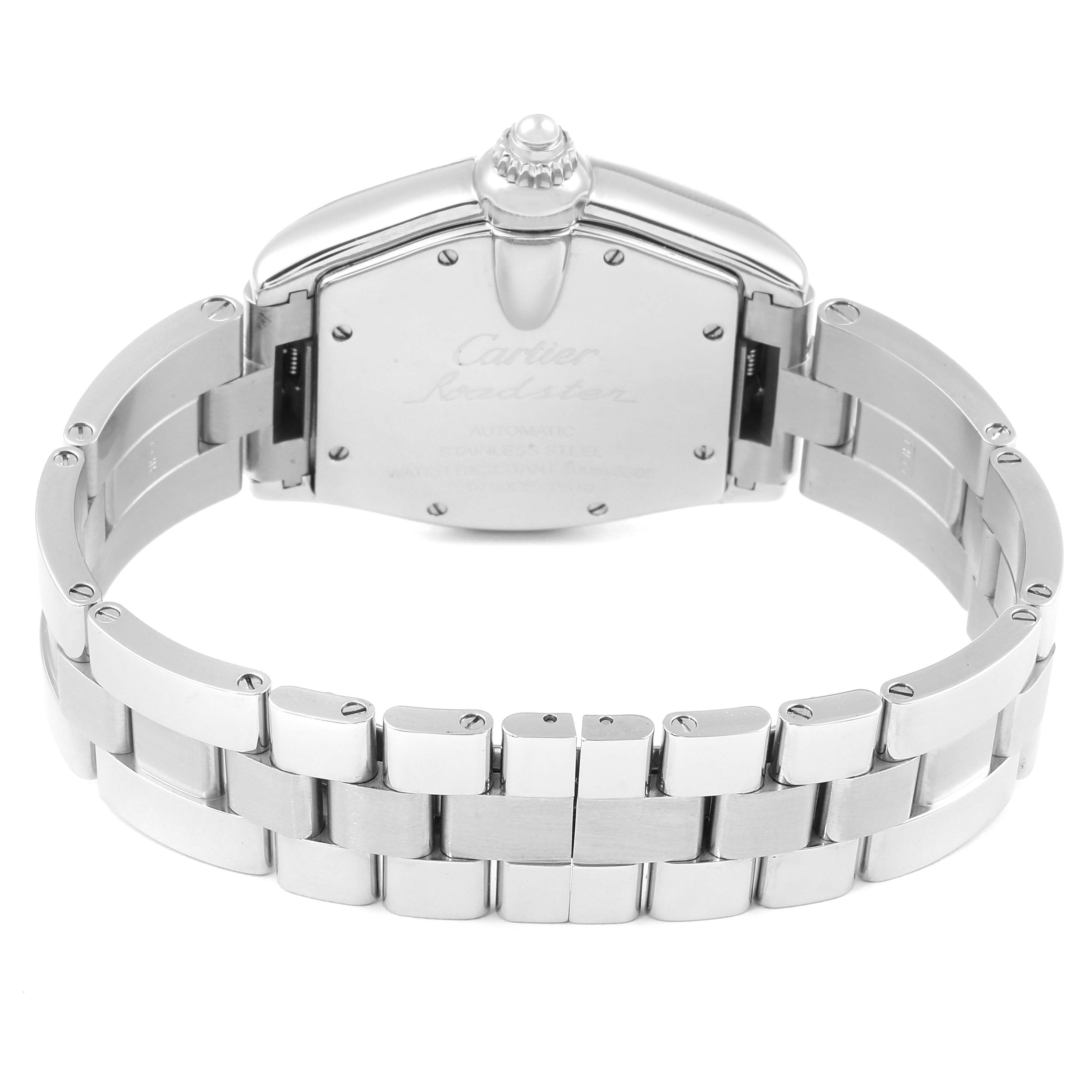 This image shows the back and bracelet of a Cartier Roadster W62025V3 Men
s Stainless Steel Silver Dial W62025V3 Men
s Stainless Steel Silver Dial watch from a rear angle.
