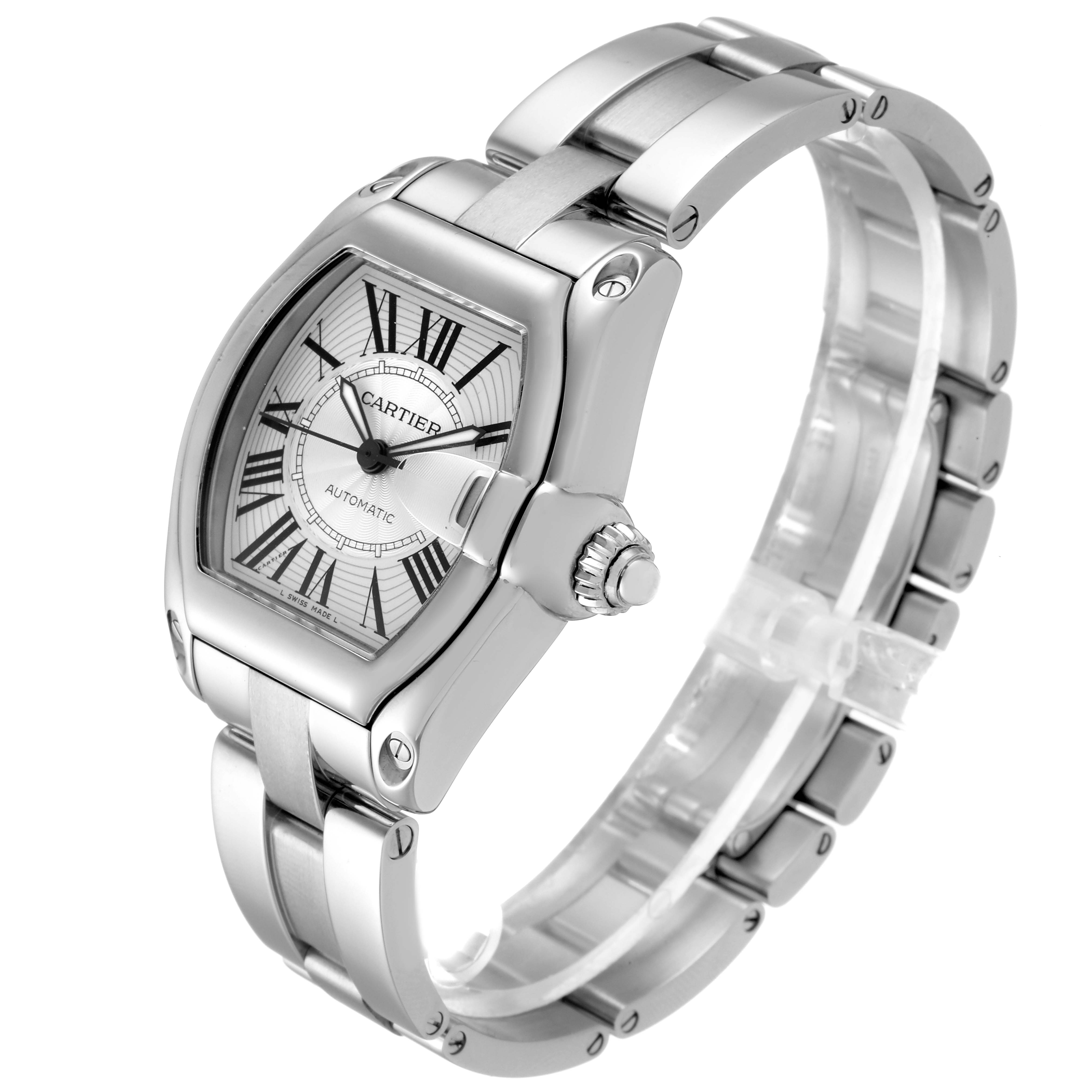 This image shows a Cartier Roadster W62025V3 Men
s Stainless Steel Silver Dial W62025V3 Men
s Stainless Steel Silver Dial watch, viewed from an angled side perspective, displaying its face, crown, and part of the bracelet.