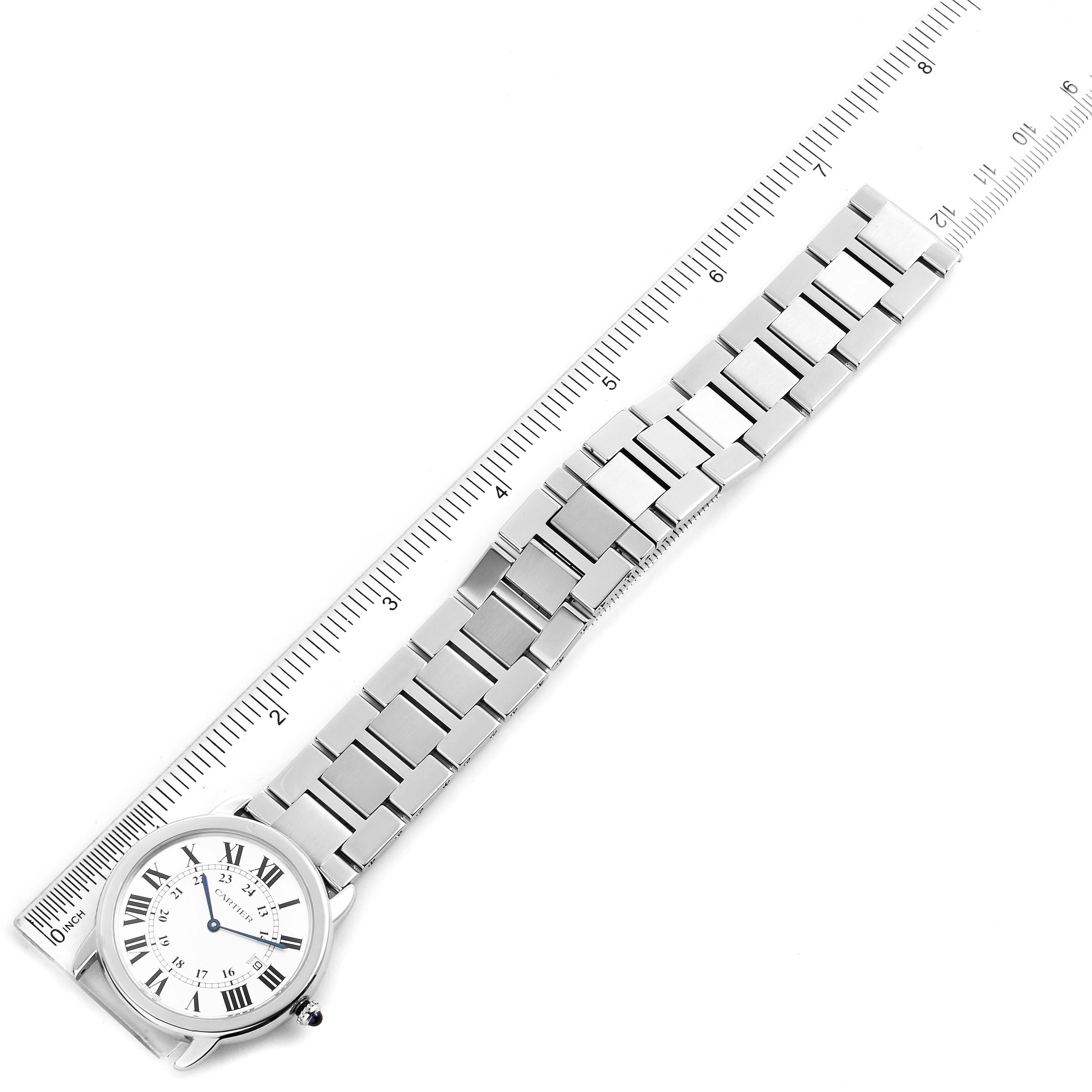 The image shows the Cartier Ronde W6701005 Men
s Stainless Steel Silver Dial W6701005 Men
s Stainless Steel Silver Dial watch laid flat with its entire strap and a ruler for scale.