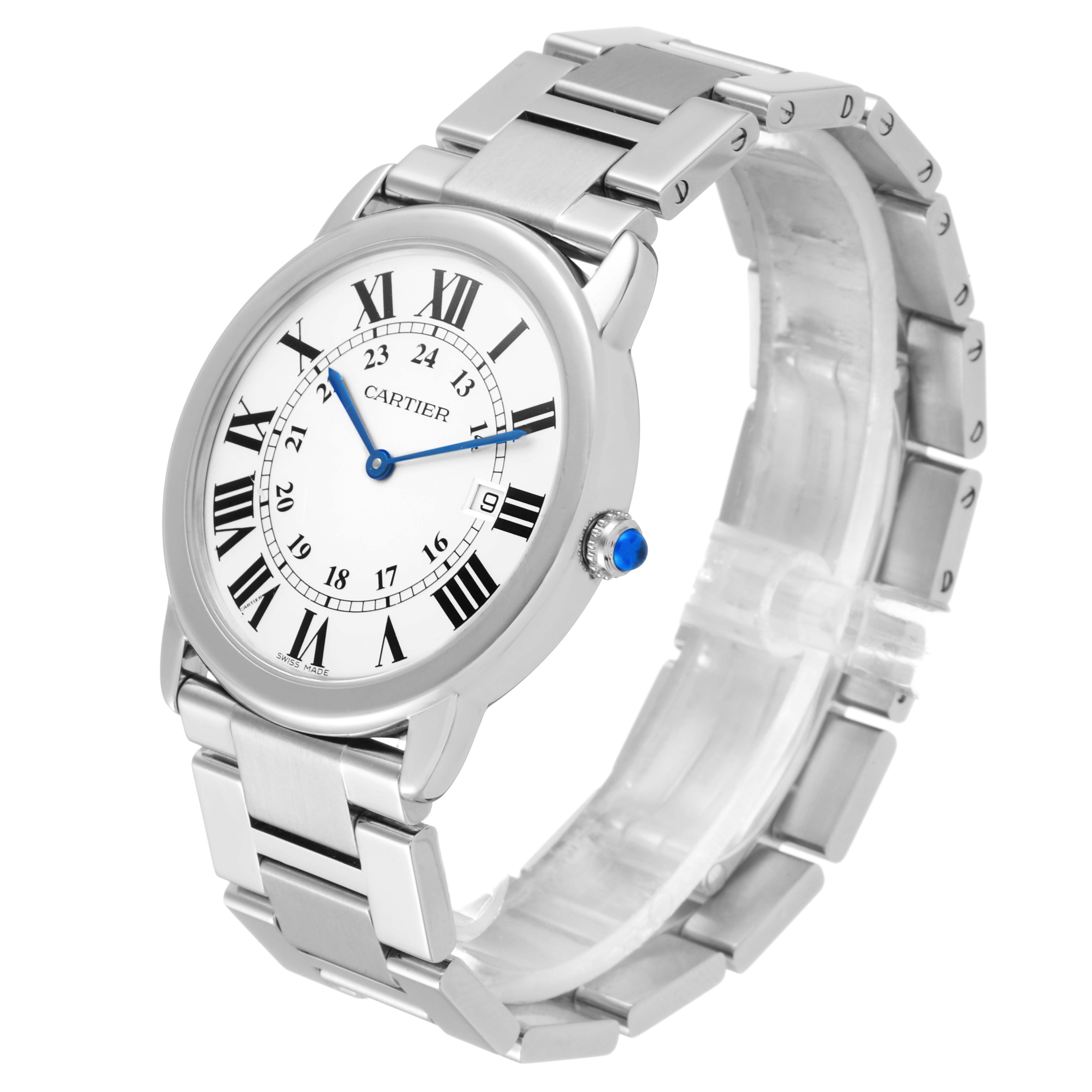 The image shows the Cartier Ronde W6701005 Men
s Stainless Steel Silver Dial W6701005 Men
s Stainless Steel Silver Dial watch at an angled view, highlighting its face, stainless steel strap, and blue crown.
