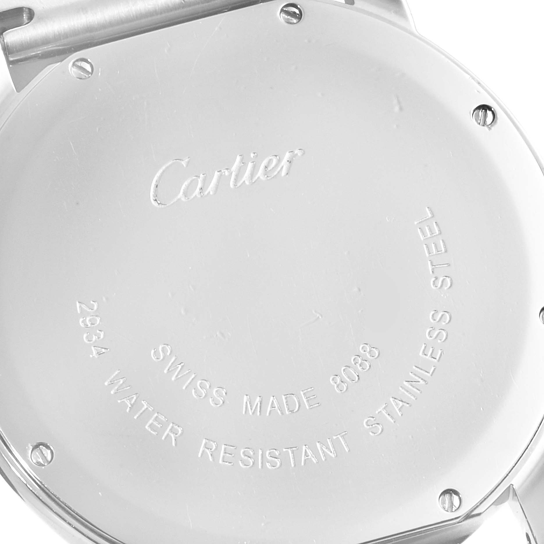This image shows the back case of a Cartier Ronde W6701005 Men
s Stainless Steel Silver Dial W6701005 Men
s Stainless Steel Silver Dial model watch, highlighting the engraved brand and specifications.