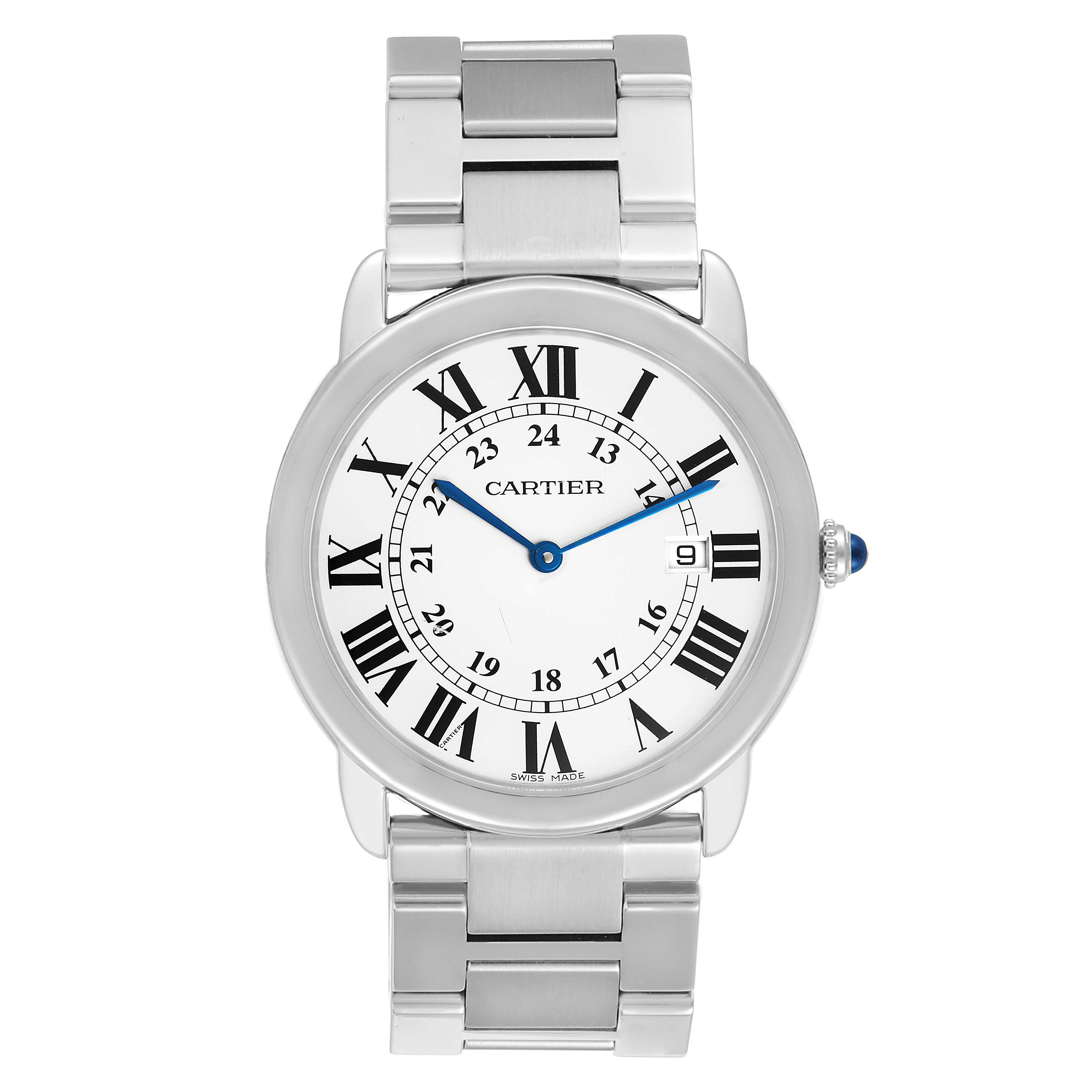 The Cartier Ronde W6701005 Men
s Stainless Steel Silver Dial W6701005 Men
s Stainless Steel Silver Dial watch is shown from a top-down angle, displaying its face, bracelet, and bezel.