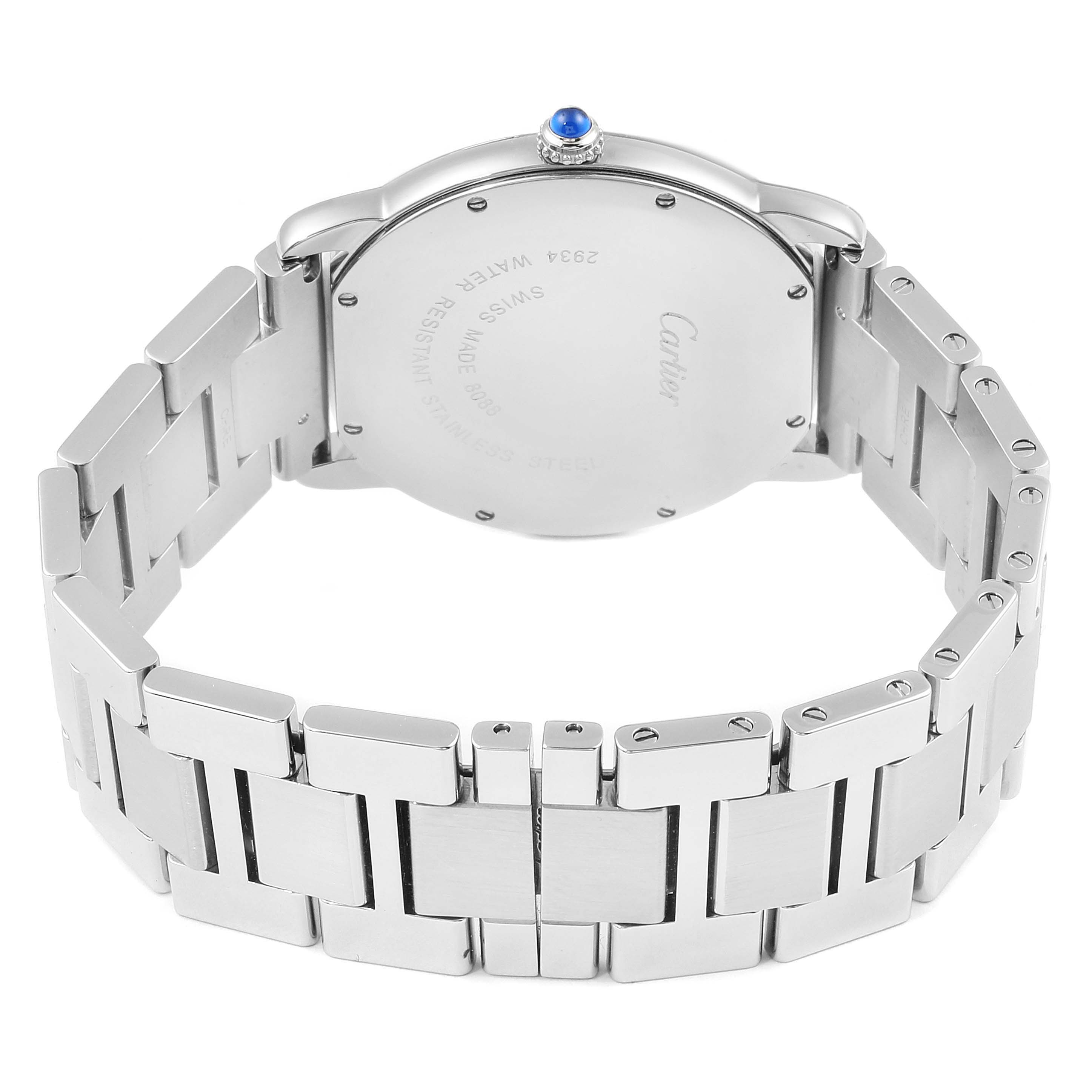 The image shows the back view of a Cartier Ronde W6701005 Men
s Stainless Steel Silver Dial W6701005 Men
s Stainless Steel Silver Dial watch, featuring its stainless steel bracelet and the case back.