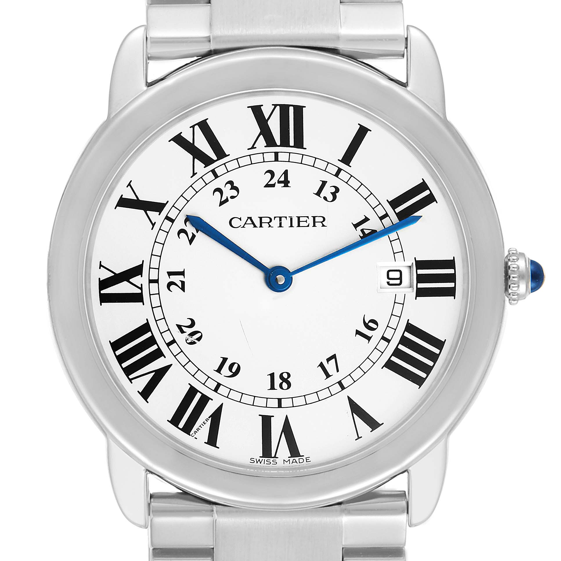 The Cartier Ronde W6701005 Men
s Stainless Steel Silver Dial W6701005 Men
s Stainless Steel Silver Dial watch is shown from a front-facing angle, displaying its dial, hands, Roman numerals, and date window.