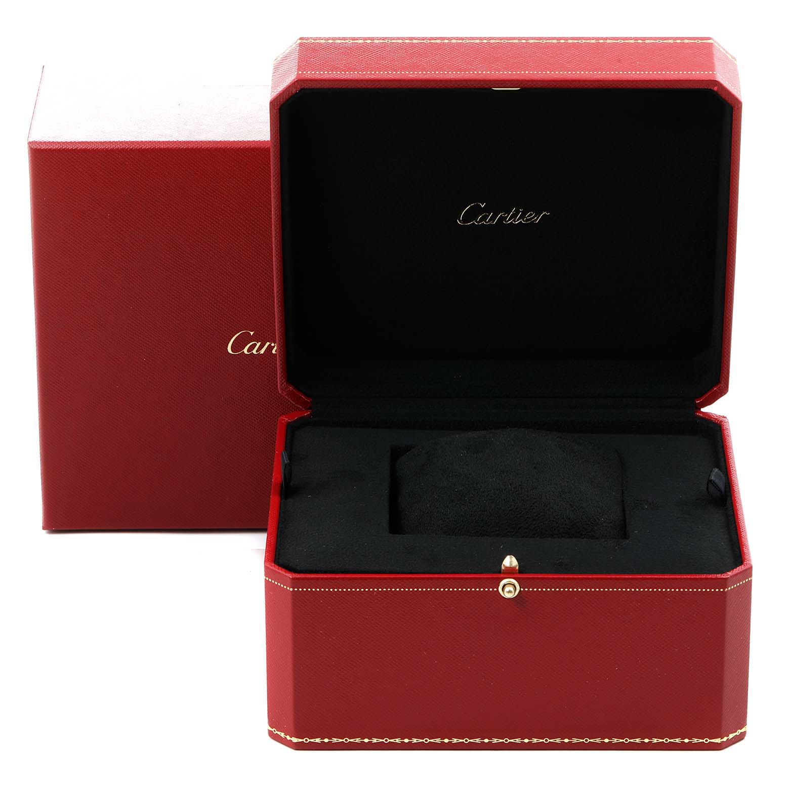 This image shows the red box for the Cartier Ronde W6701005 Men
s Stainless Steel Silver Dial W6701005 Men
s Stainless Steel Silver Dial watch, featuring Cartier
s logo inside.