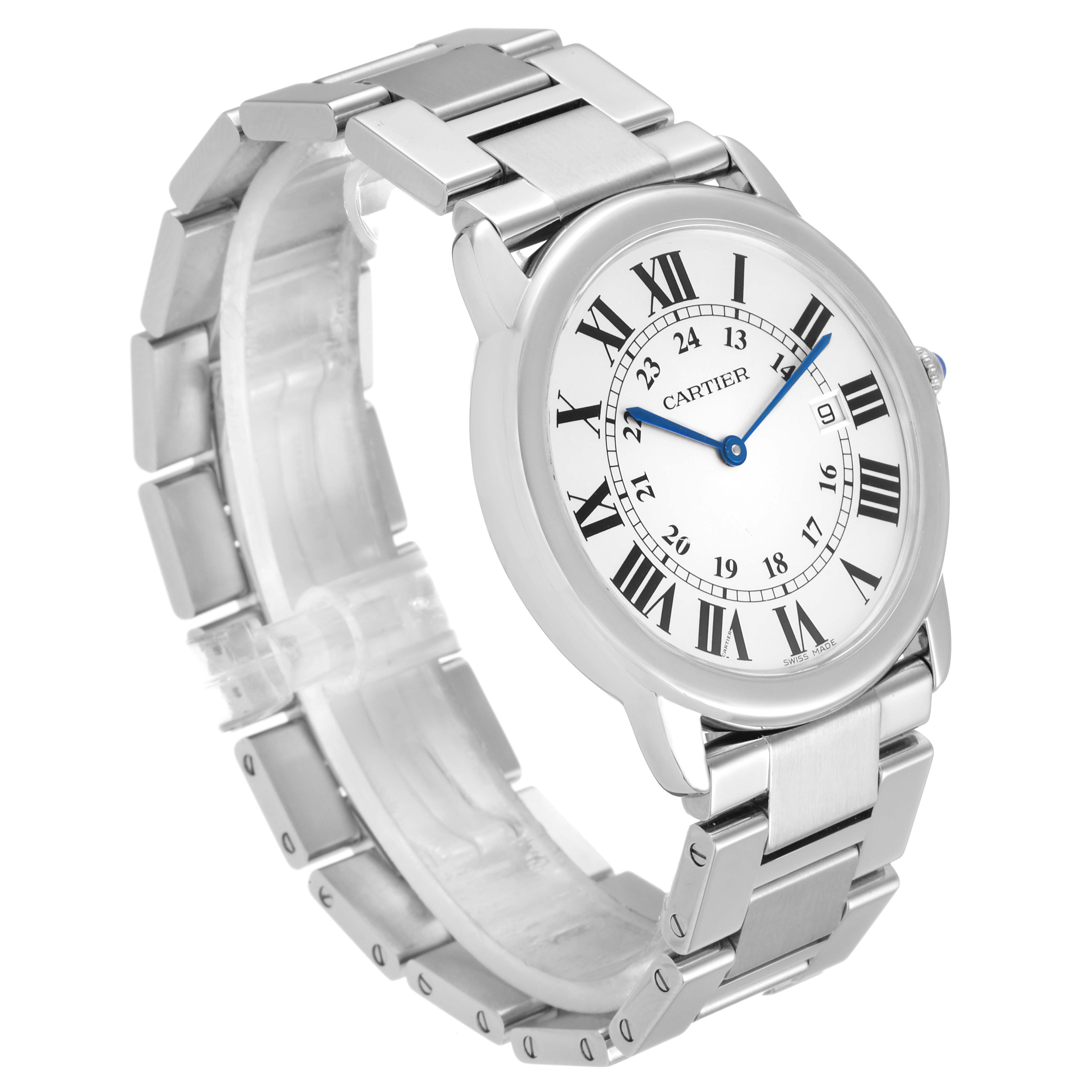 The image shows a Cartier Ronde W6701005 Men
s Stainless Steel Silver Dial W6701005 Men
s Stainless Steel Silver Dial model watch at a three-quarter angle, displaying its face, bracelet, and case.