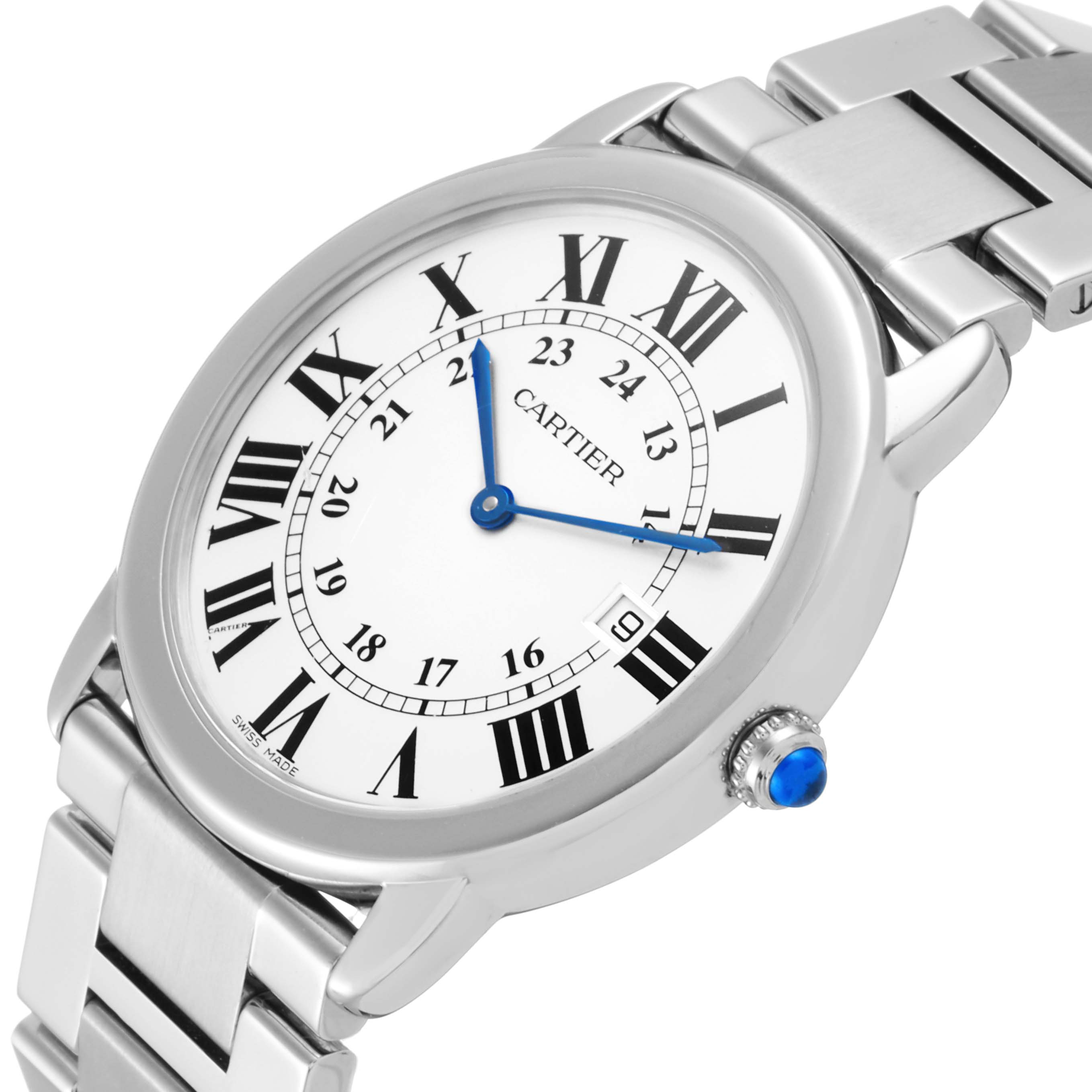 The image shows a Cartier Ronde W6701005 Men
s Stainless Steel Silver Dial W6701005 Men
s Stainless Steel Silver Dial watch at a slight angle, displaying its face, Roman numerals, blue hands, and part of the metal strap.