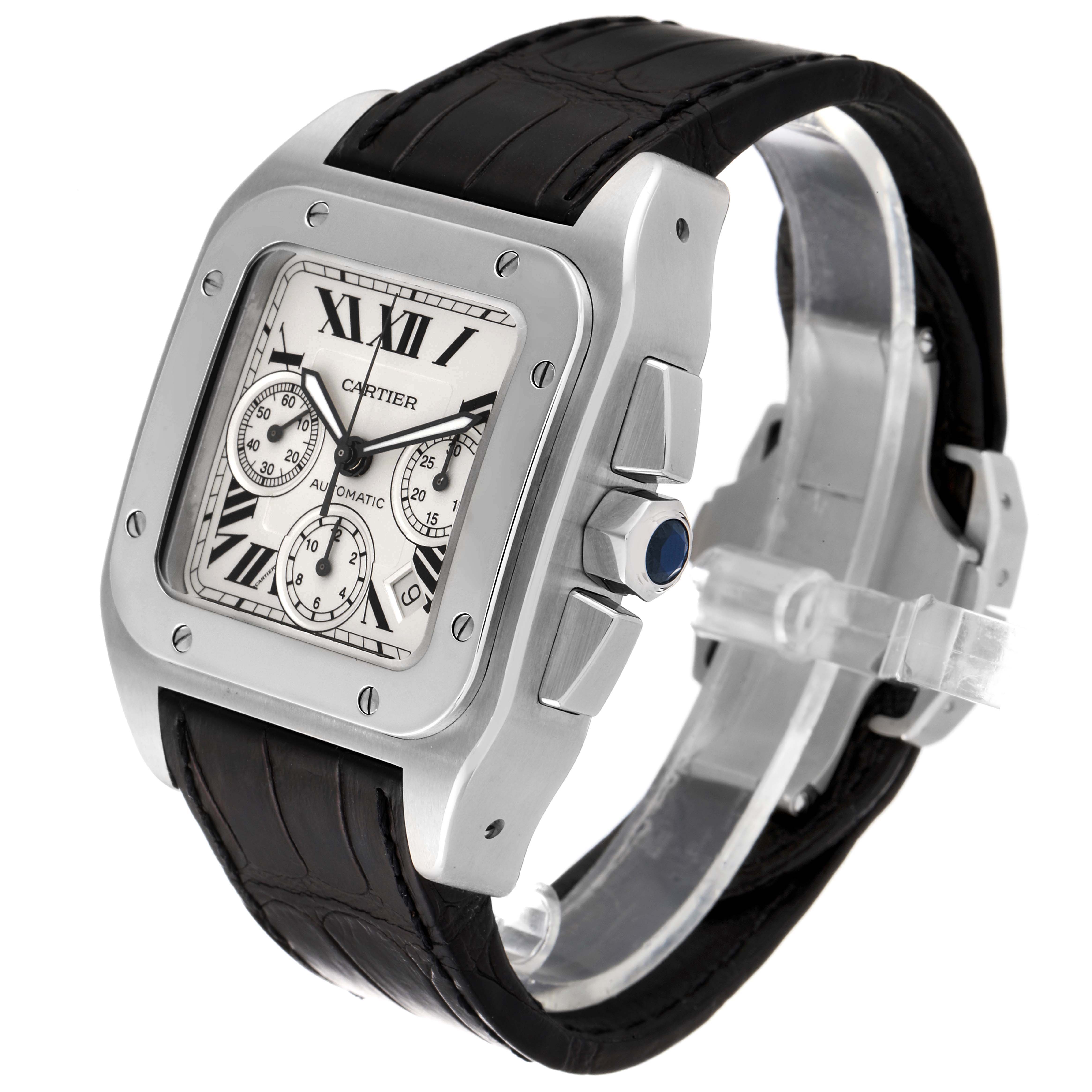 The Cartier Santos W20090X8 Men's Stainless Steel Silver Dial W20090X8 Men's Stainless Steel Silver Dial watch is shown at a front-side angle featuring its face, bezel, and black leather strap.