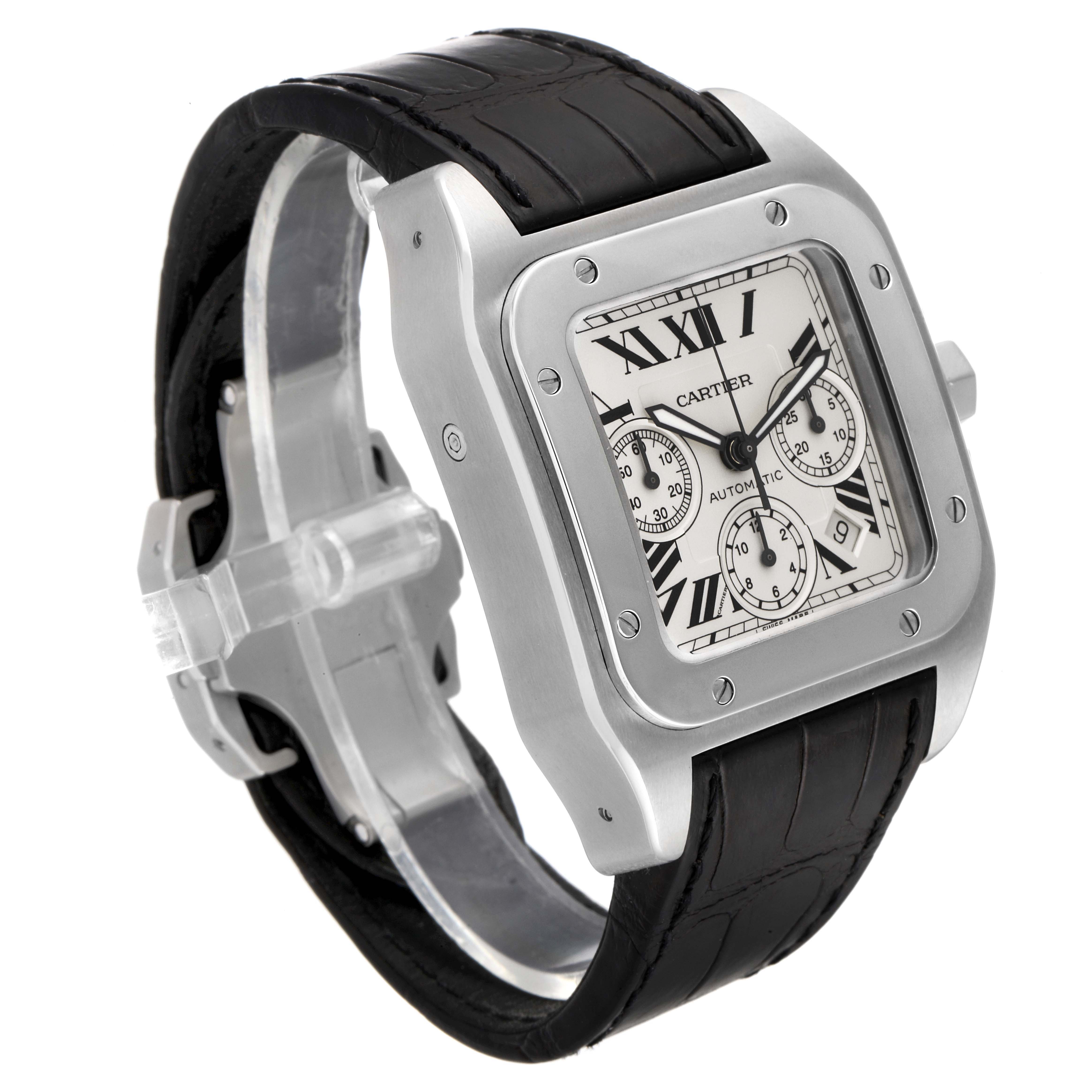 The image shows a front angled view of a Cartier Santos W20090X8 Men's Stainless Steel Silver Dial W20090X8 Men's Stainless Steel Silver Dial watch, highlighting its face, case, and black strap.