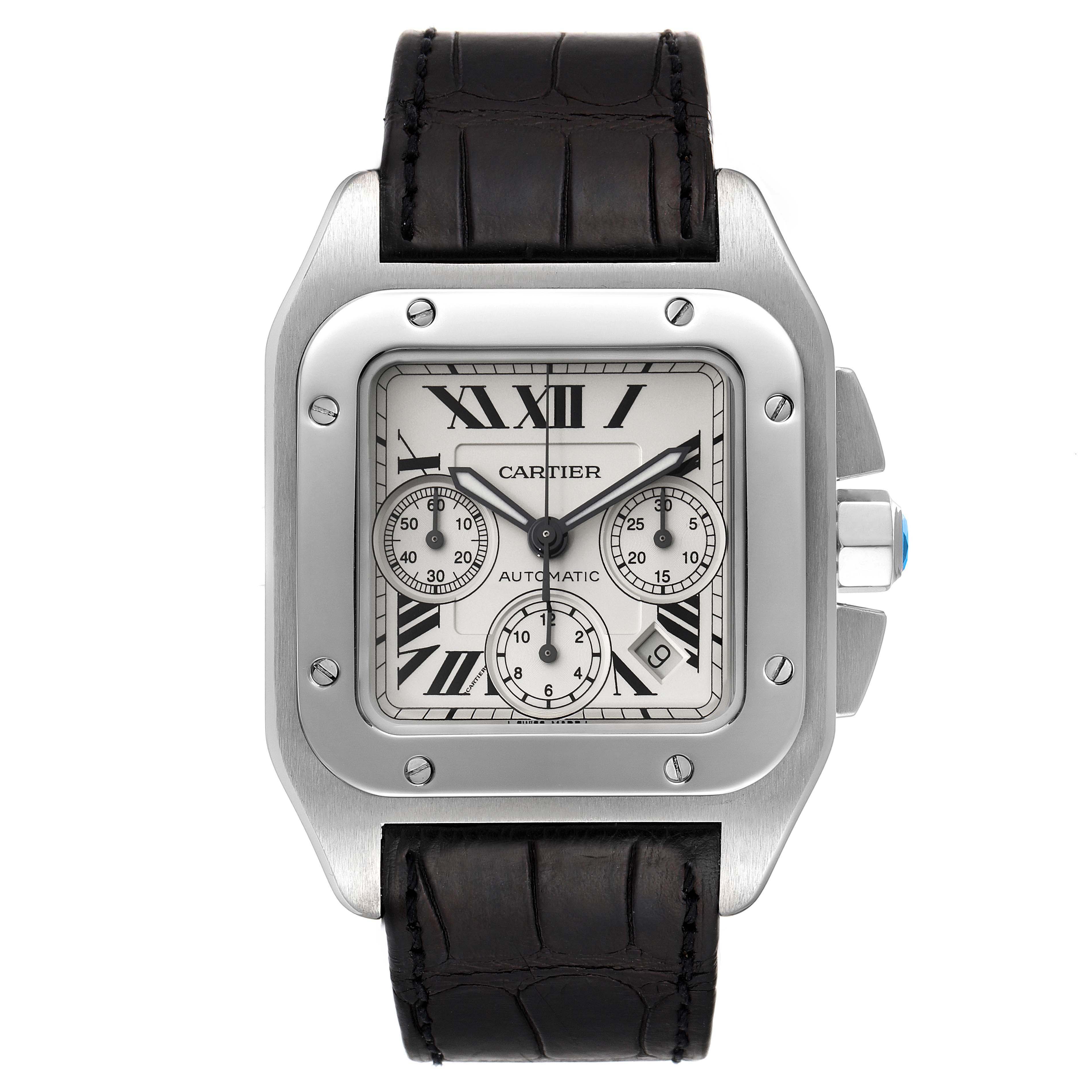 The image shows a frontal view of a Santos model by Cartier, highlighting the dial, case, crown, and leather strap.