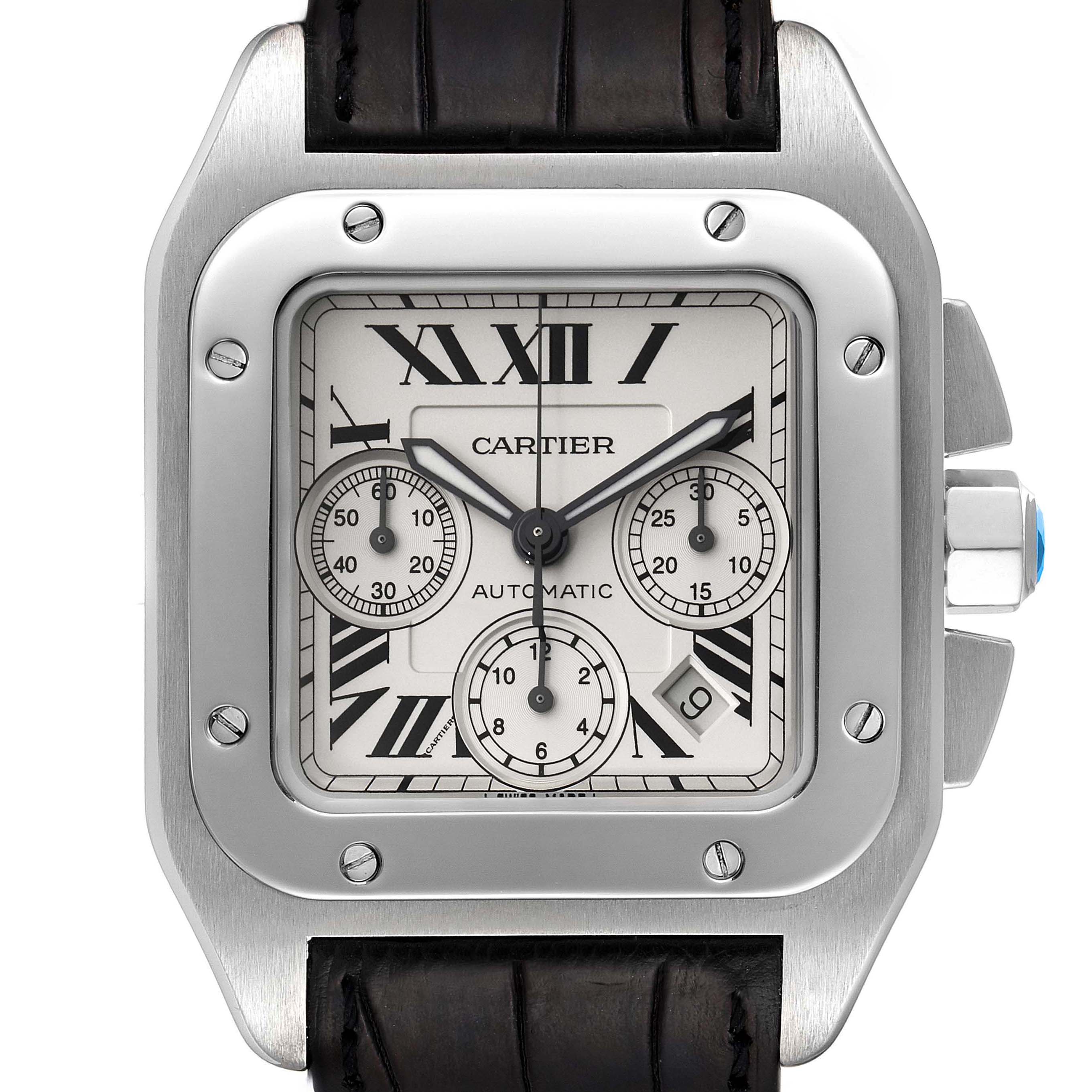 This Cartier Santos W20090X8 Men's Stainless Steel Silver Dial W20090X8 Men's Stainless Steel Silver Dial watch model is shown from a front angle, displaying the dial, case, crown, and leather strap.