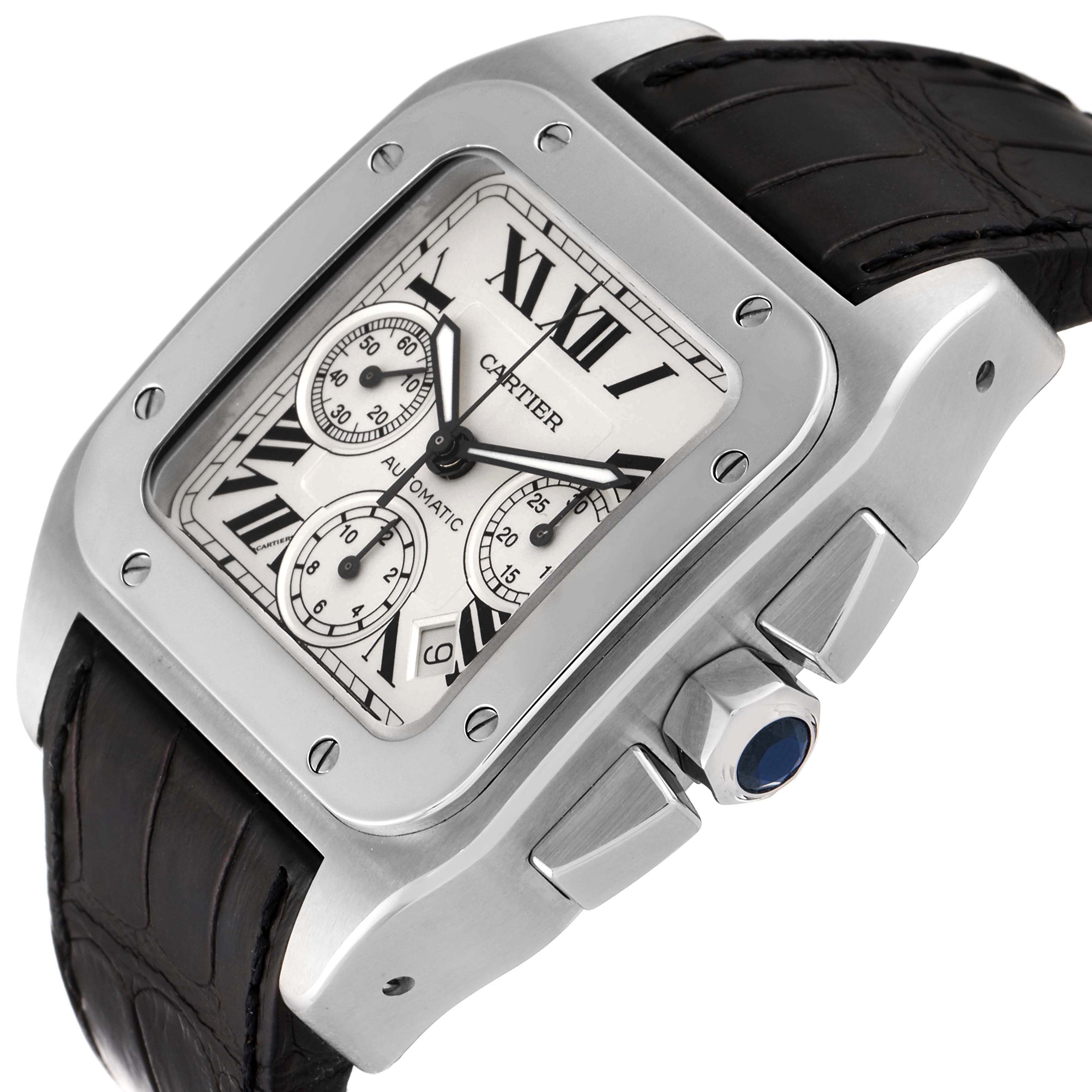 The image shows a Santos model watch by Cartier at a slight top-side angle, highlighting the face, bezel, crown, and part of the strap.