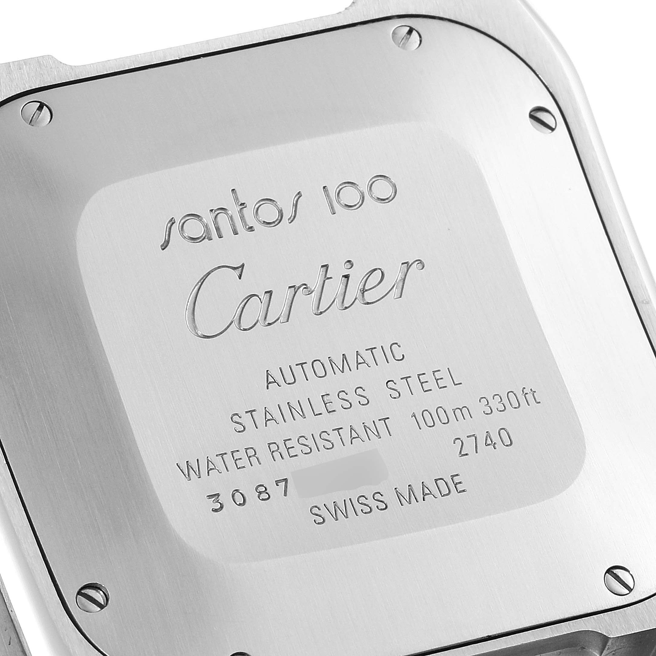 This image shows the engraved case back of a Cartier Santos W20090X8 Men's Stainless Steel Silver Dial W20090X8 Men's Stainless Steel Silver Dial model watch, highlighting its specifications.