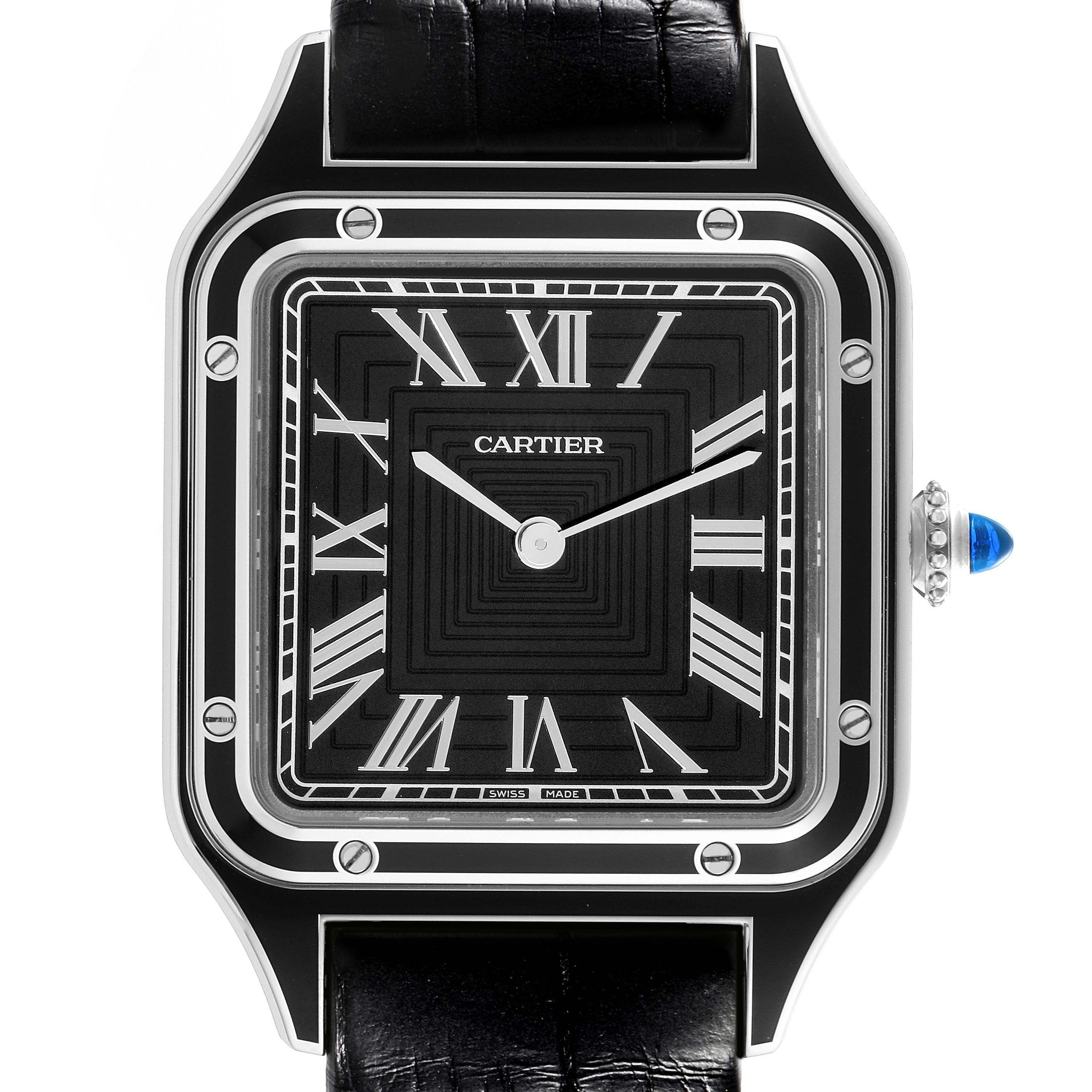 The Cartier Santos Dumont WSSA0046 Men's Stainless Steel Black Dial WSSA0046 Men's Stainless Steel Black Dial watch is shown from a front angle, highlighting its square face, Roman numerals, and crown with a blue cabochon.