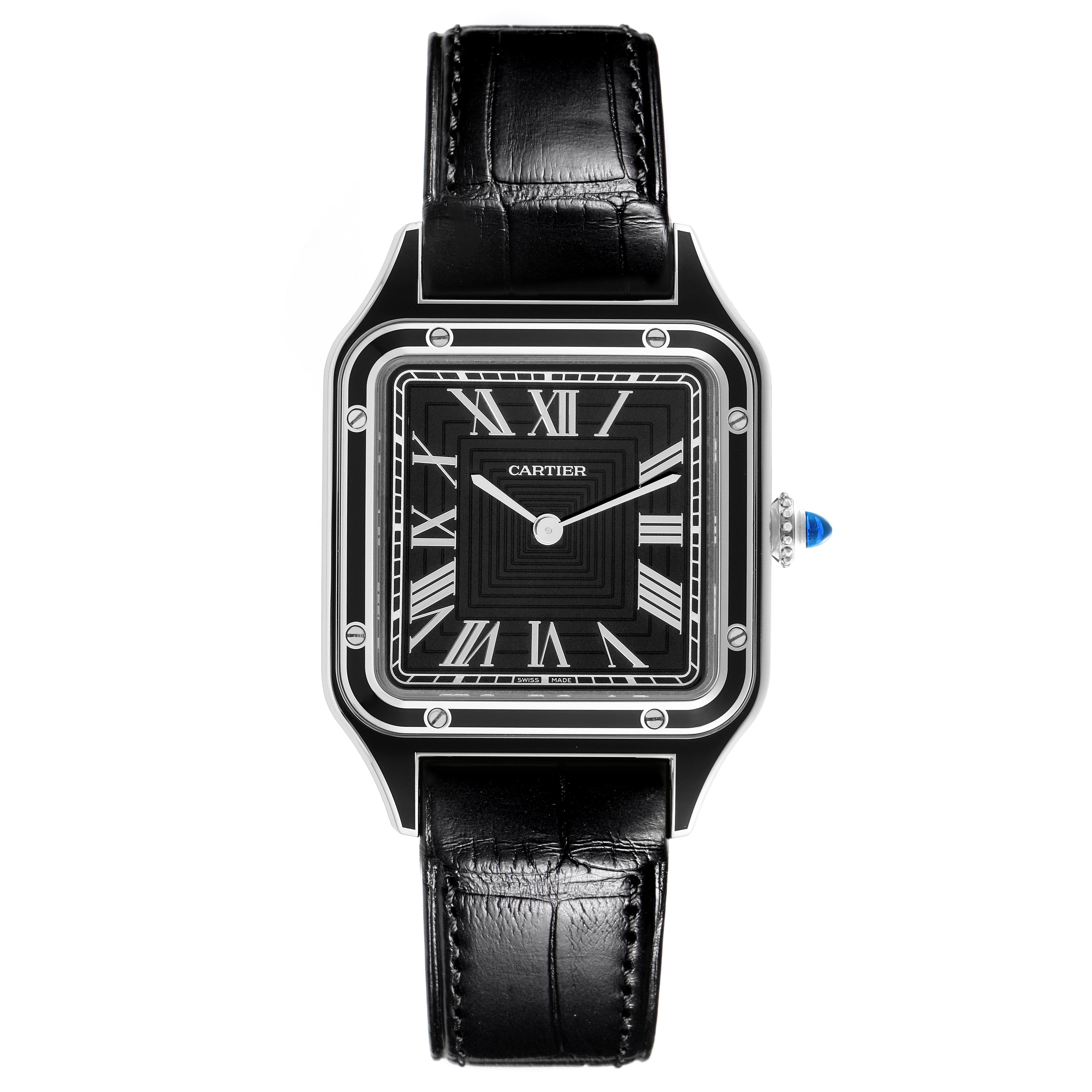 The Cartier Santos Dumont WSSA0046 Men's Stainless Steel Black Dial WSSA0046 Men's Stainless Steel Black Dial watch is shown from a top-down angle, highlighting its square face, Roman numerals, and black leather strap.