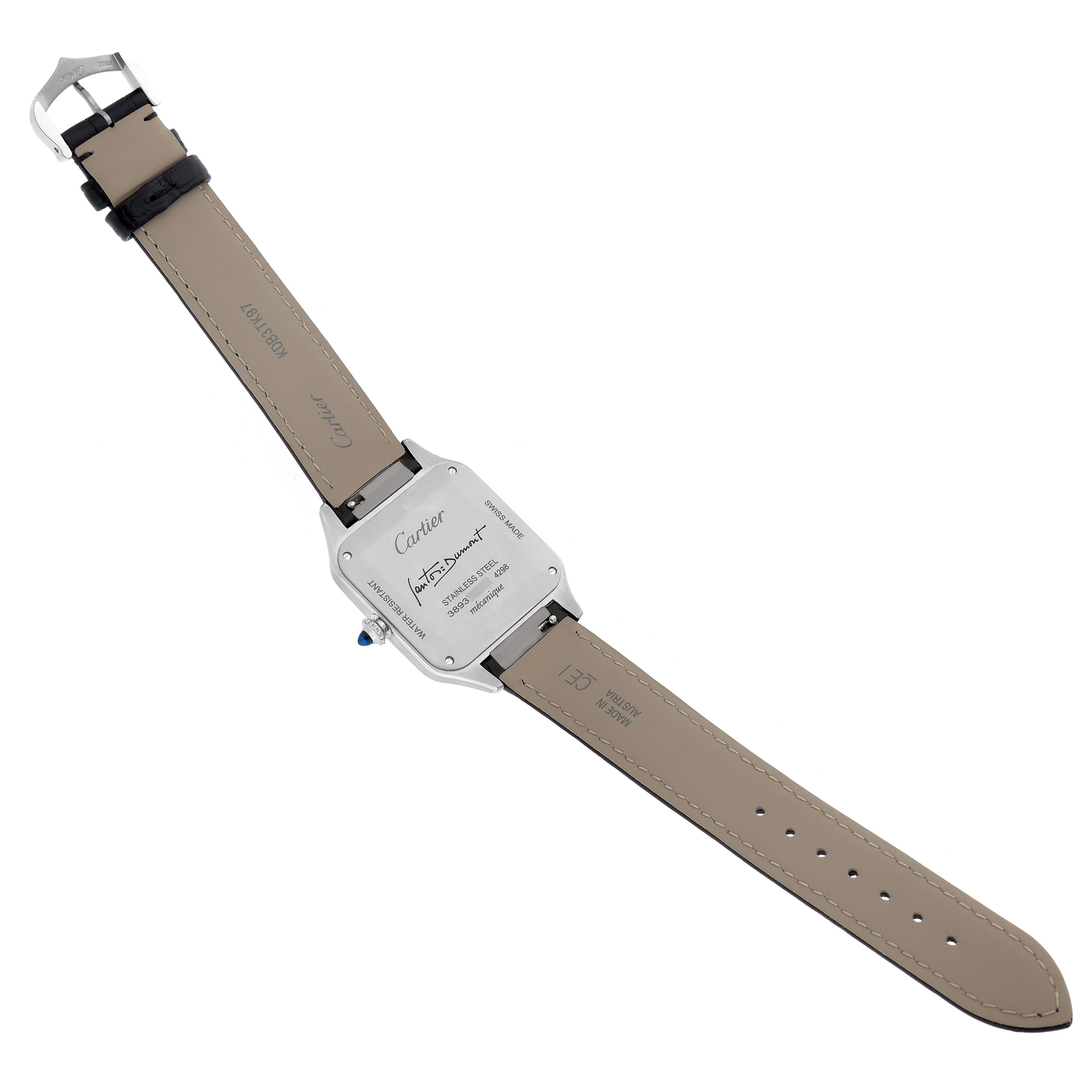 The Cartier Santos Dumont WSSA0046 Men's Stainless Steel Black Dial WSSA0046 Men's Stainless Steel Black Dial watch is shown from the back, displaying the case back and full leather strap.