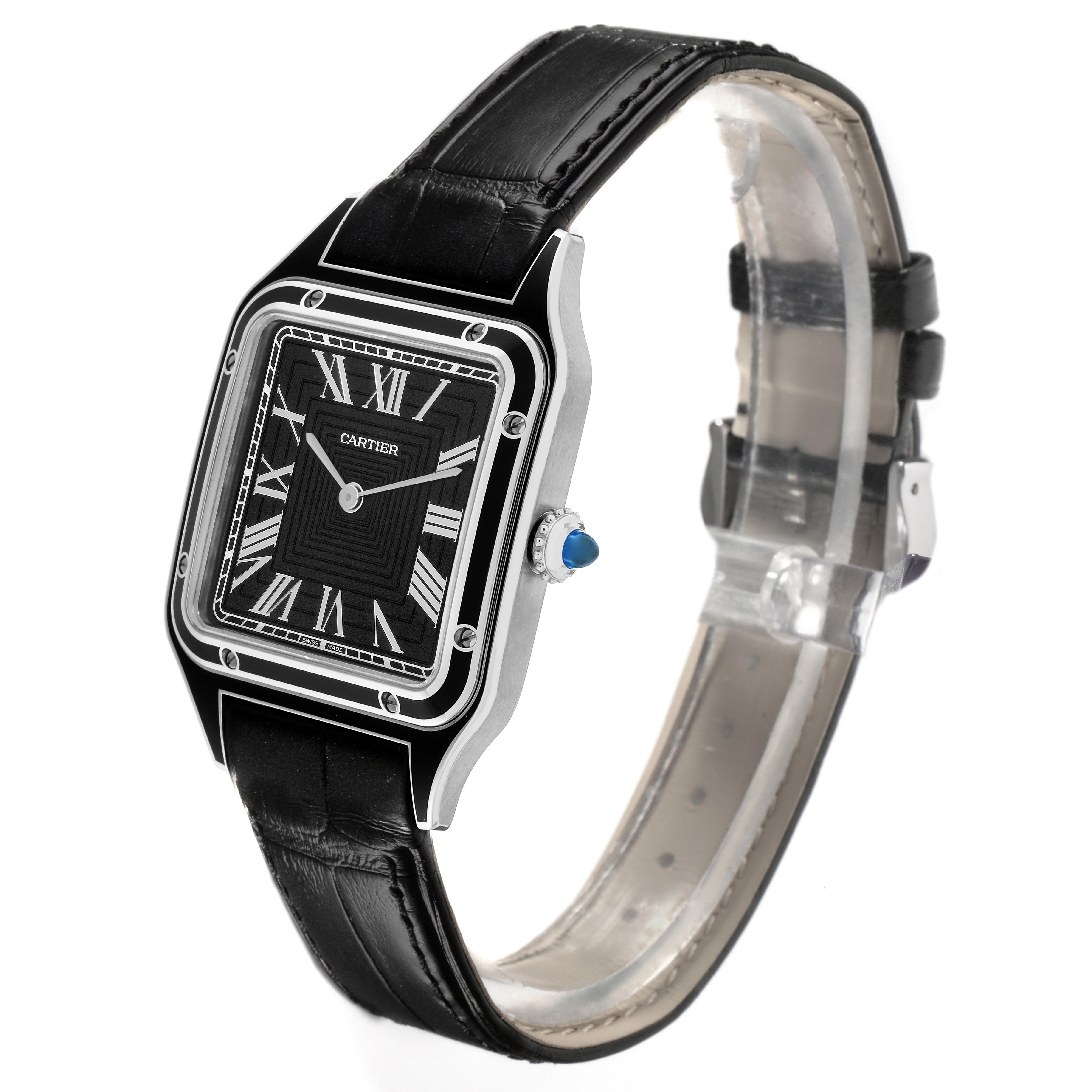 The Cartier Santos Dumont WSSA0046 Men's Stainless Steel Black Dial WSSA0046 Men's Stainless Steel Black Dial watch is shown at a three-quarter angle, displaying the dial, case, and part of the strap.
