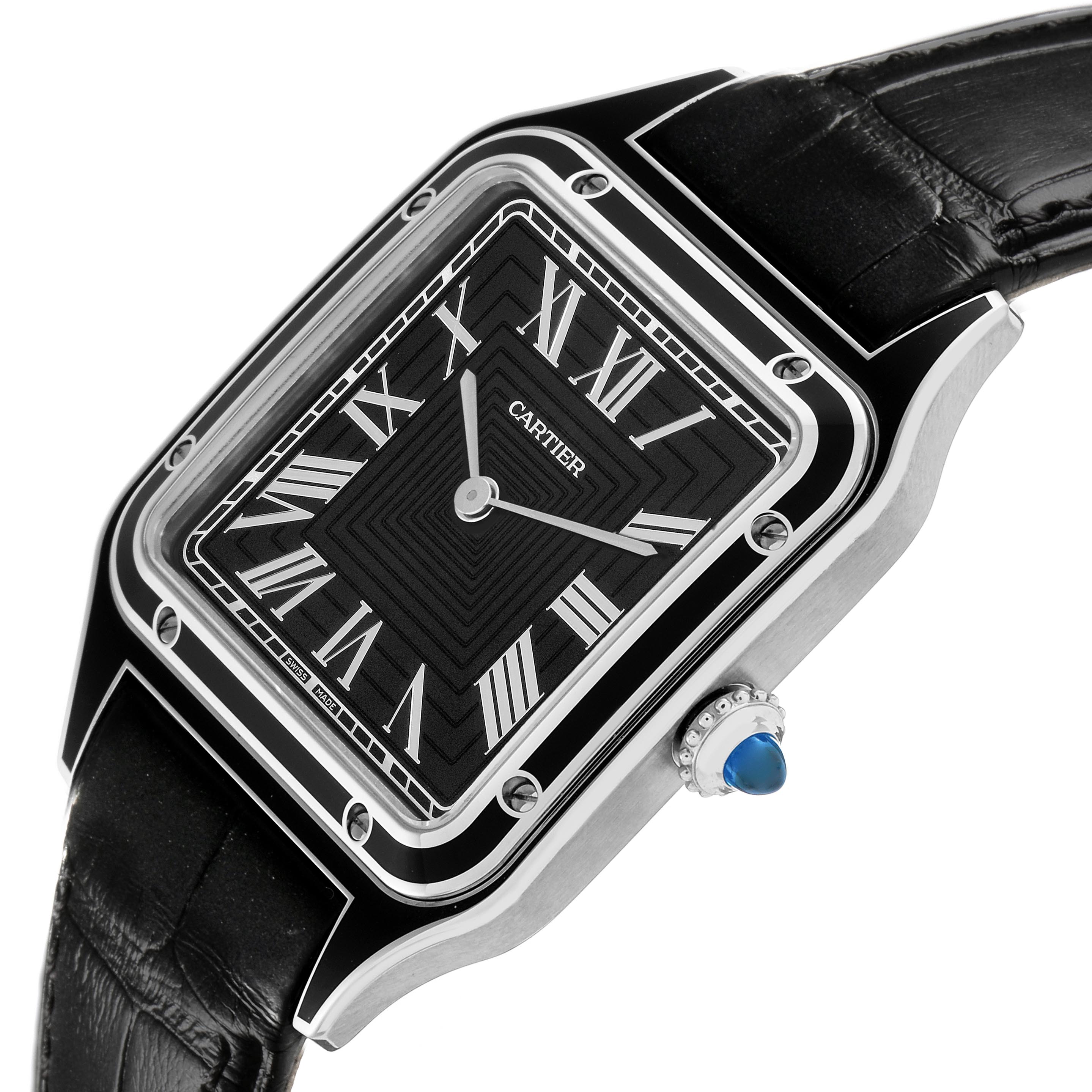 The Cartier Santos Dumont WSSA0046 Men's Stainless Steel Black Dial WSSA0046 Men's Stainless Steel Black Dial watch is shown at a slight angle, highlighting its face, Roman numerals, bezel, and crown.