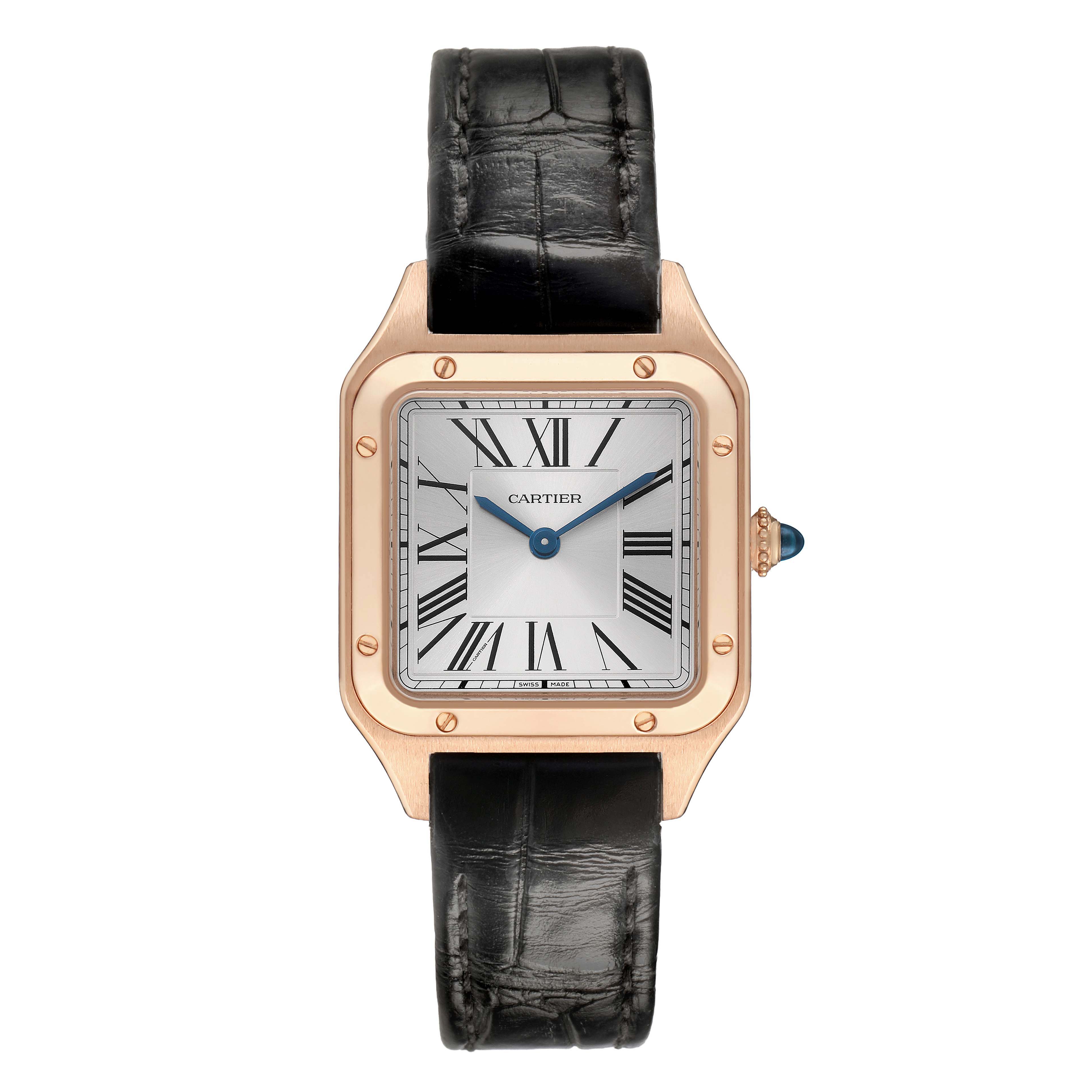 The Cartier Santos WGSA0022 Women's Rose Gold Silver Dial watch is shown from the front, showcasing its square face, Roman numerals, and leather strap.