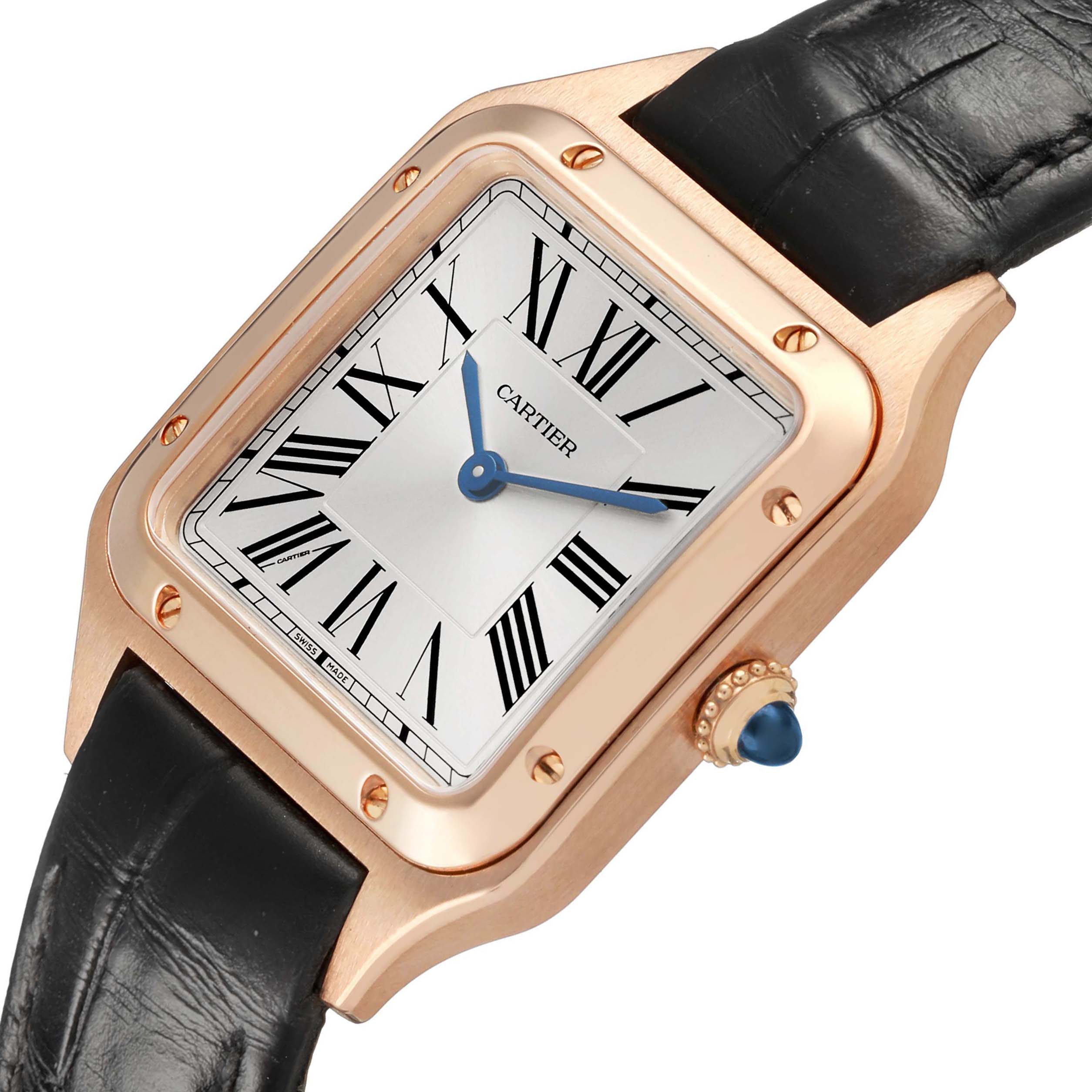 The Cartier Santos Dumont WGSA0022 Men's Rose Gold Silver Dial watch is shown from a front angle, highlighting the dial, case, crown, and part of the strap.