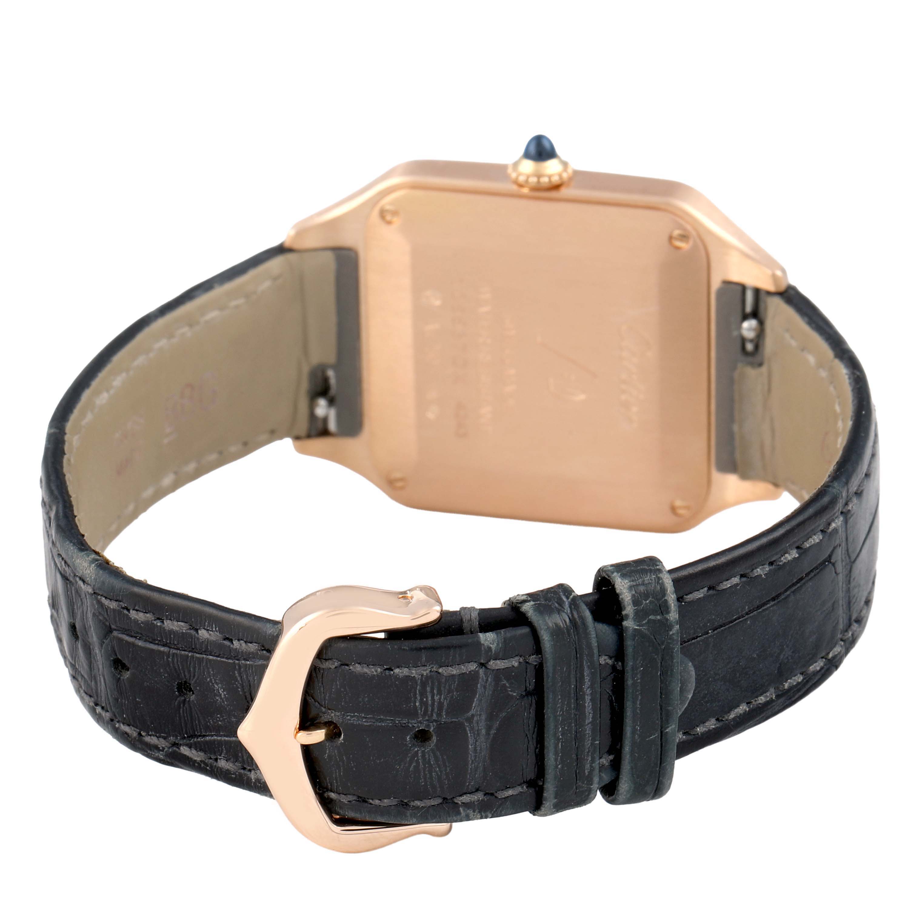 The image shows the back of a Cartier Santos Dumont WGSA0022 Men's Rose Gold Silver Dial watch, highlighting the caseback, strap, and buckle.