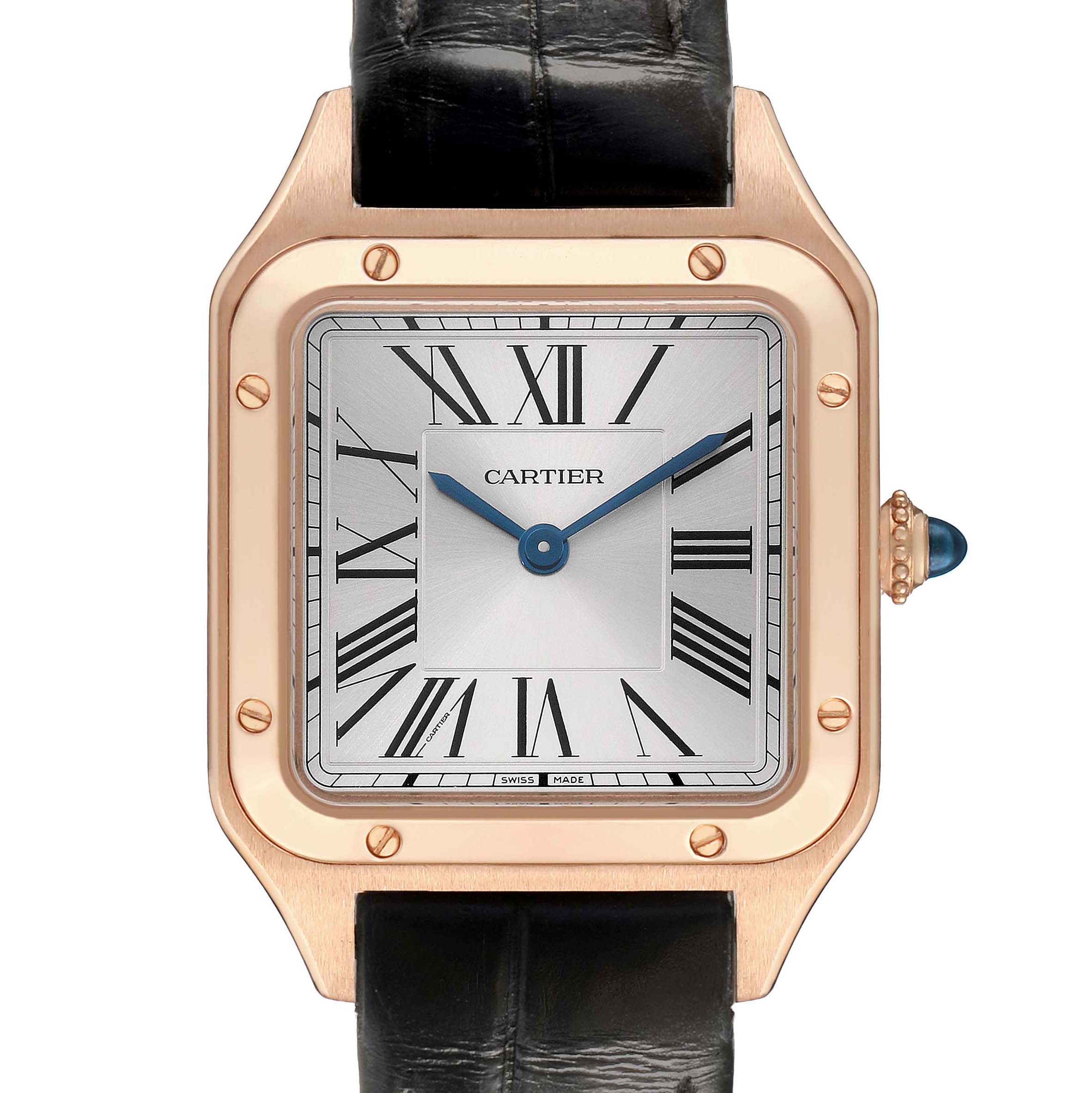 The Cartier Santos WGSA0022 Women's Rose Gold Silver Dial watch is shown from a front angle, highlighting its square face, Roman numerals, and metal bezel.